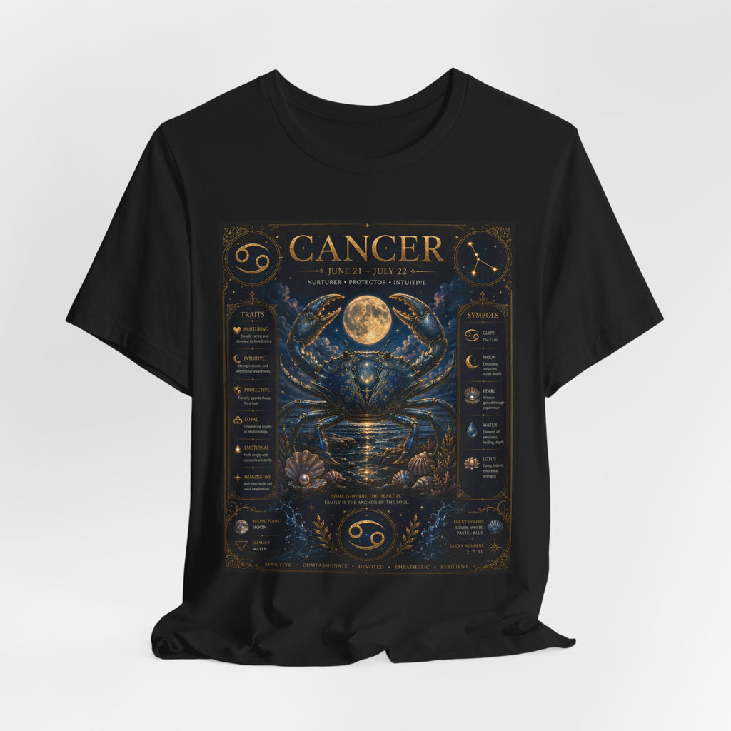 Cancer Zodiac T‑Shirt — Detailed Horoscope Crab Design with Traits & Moon Phases