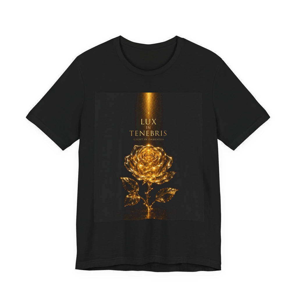 Lux in Tenebris Rose T‑Shirt — Golden Rose Meditation Tee