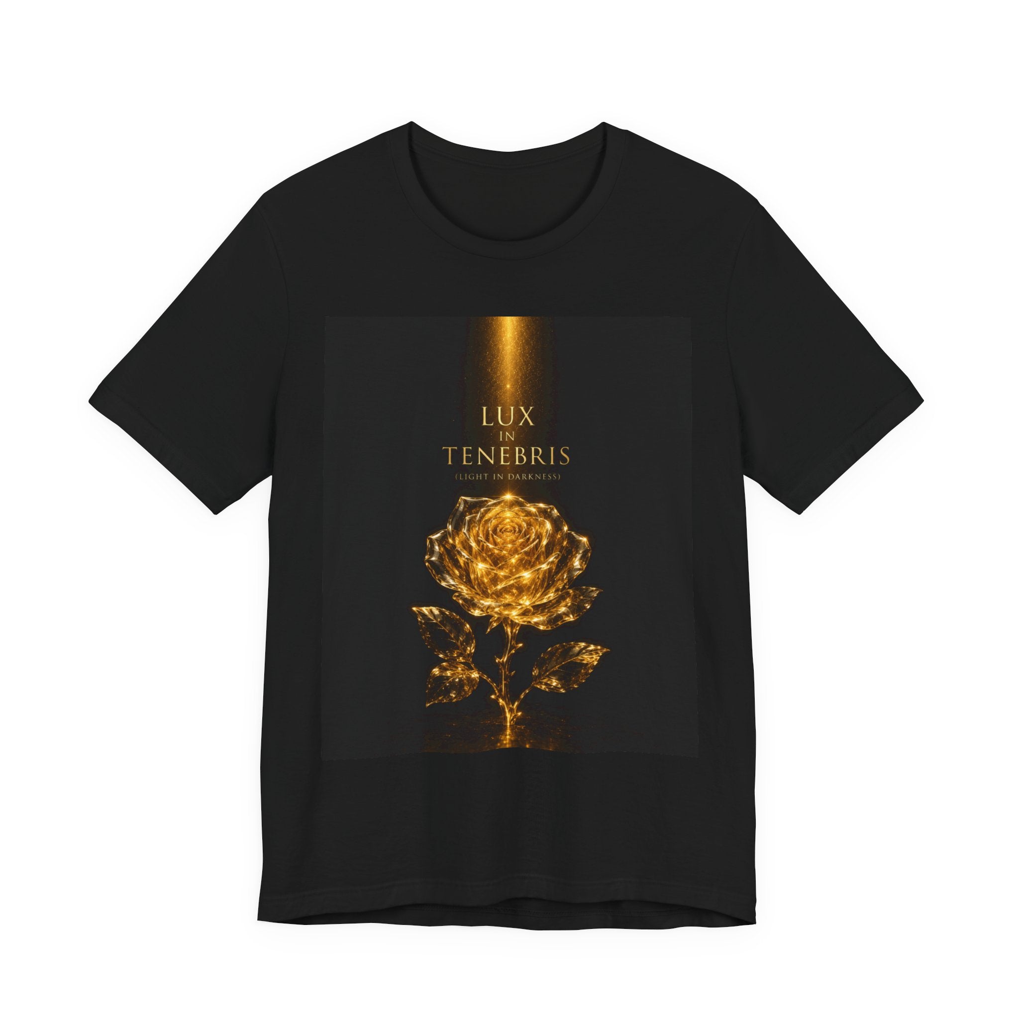 Lux in Tenebris Rose T‑Shirt — Golden Rose Meditation Tee