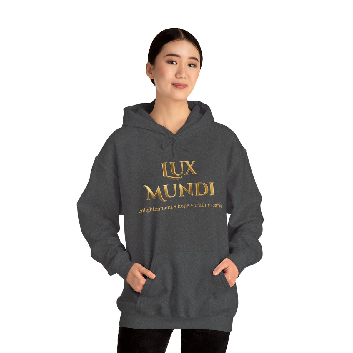 Lux Mundi Hoodie — Gold Latin Motto 'enlightenment_hope_truth_charity'