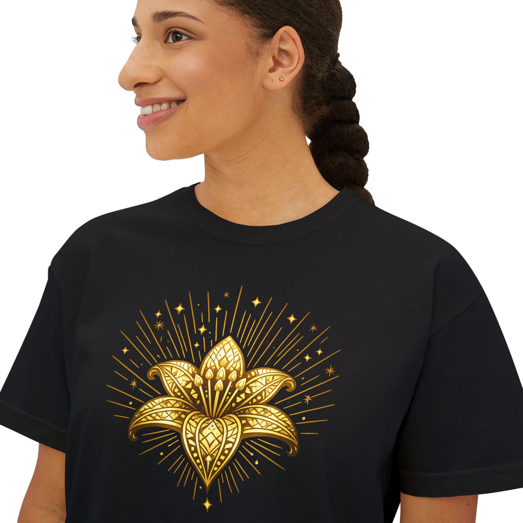 Women's Boxy Tee — Gold Lotus Christian Graphic Tee (John 1:5)