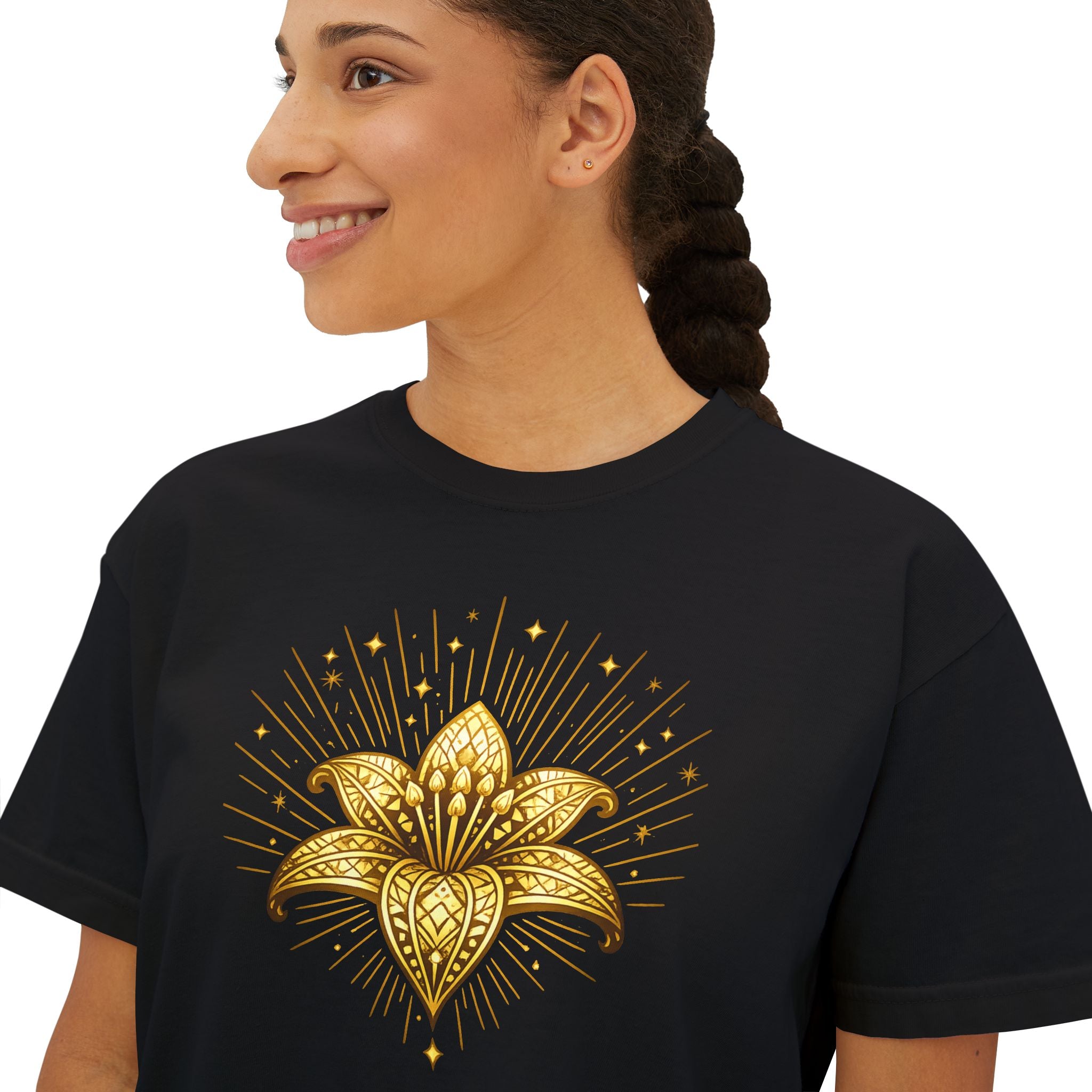 Women's Boxy Tee — Gold Lotus Christian Graphic Tee (John 1:5)