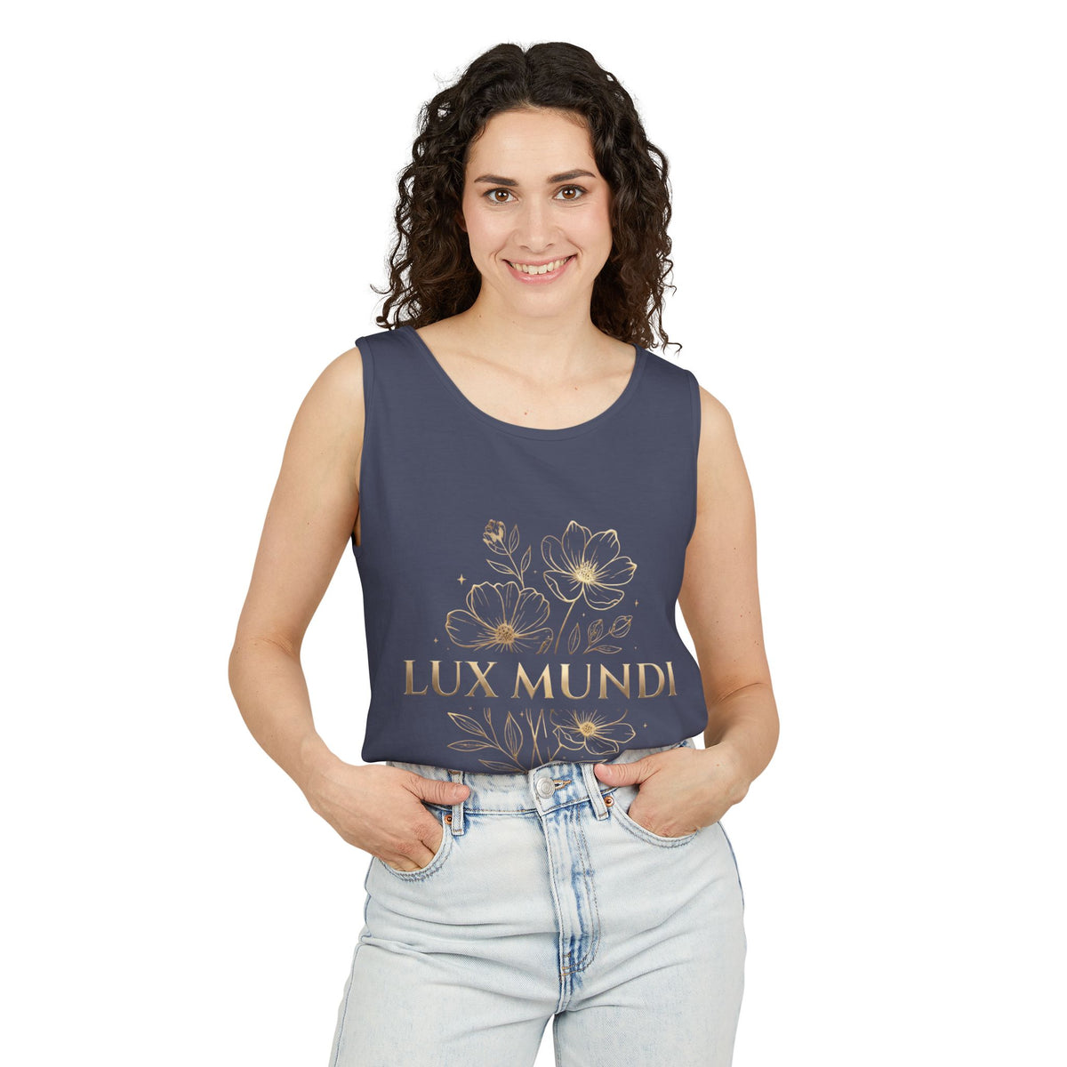 Lux Mundi Floral Tank Top — Gold Botanical Graphic Tank