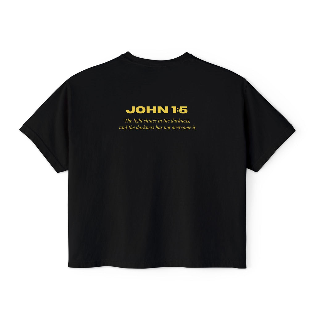 Women's Boxy Tee — Gold Lotus Christian Graphic Tee (John 1:5)