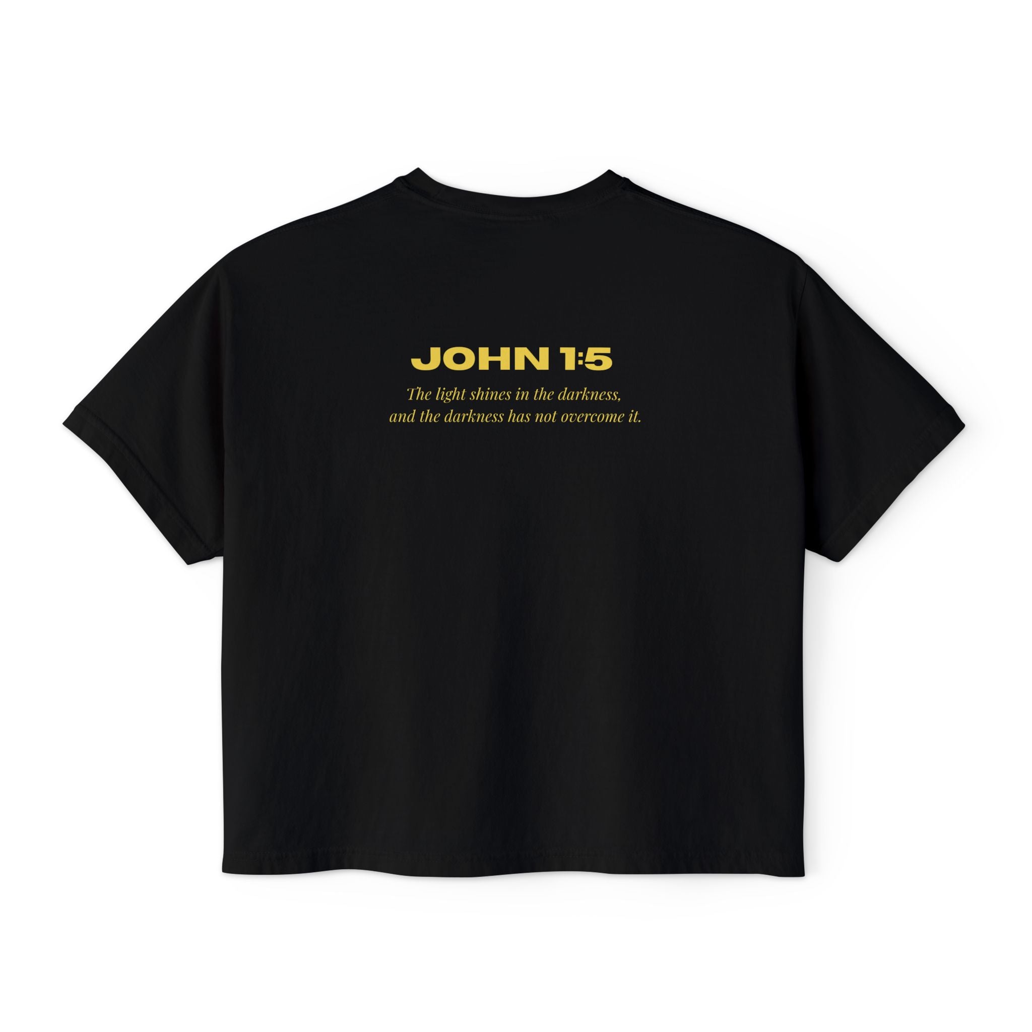 Women's Boxy Tee — Gold Lotus Christian Graphic Tee (John 1:5)