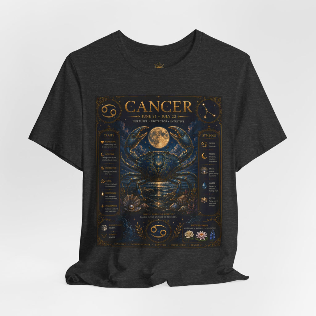 Cancer Zodiac T‑Shirt — Detailed Horoscope Crab Design with Traits & Moon Phases