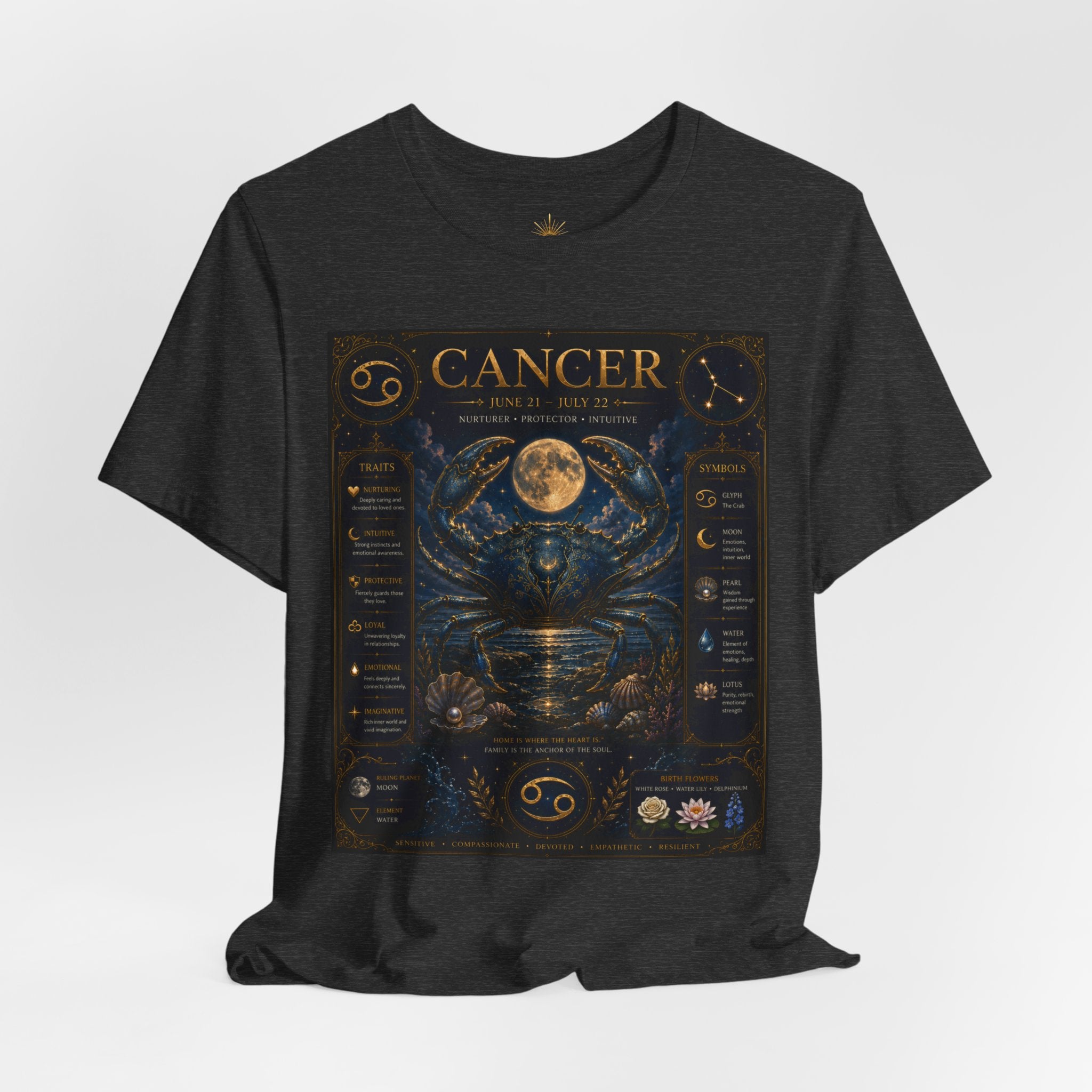 Cancer Zodiac T‑Shirt — Detailed Horoscope Crab Design with Traits & Moon Phases