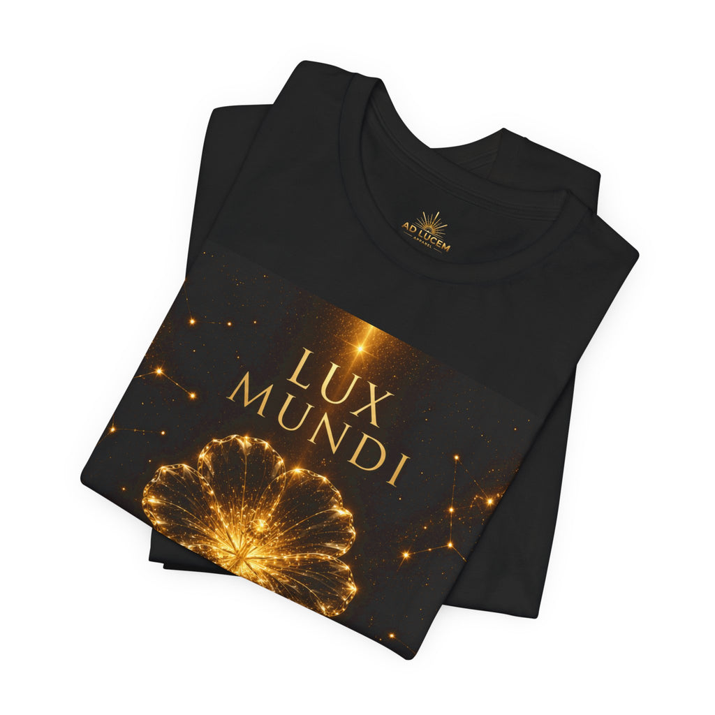 Lux Mundi Golden Floral Tee — Radiant Latin Motto Graphic Shirt