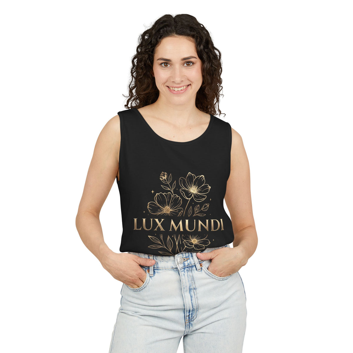 Lux Mundi Floral Tank Top — Gold Botanical Graphic Tank