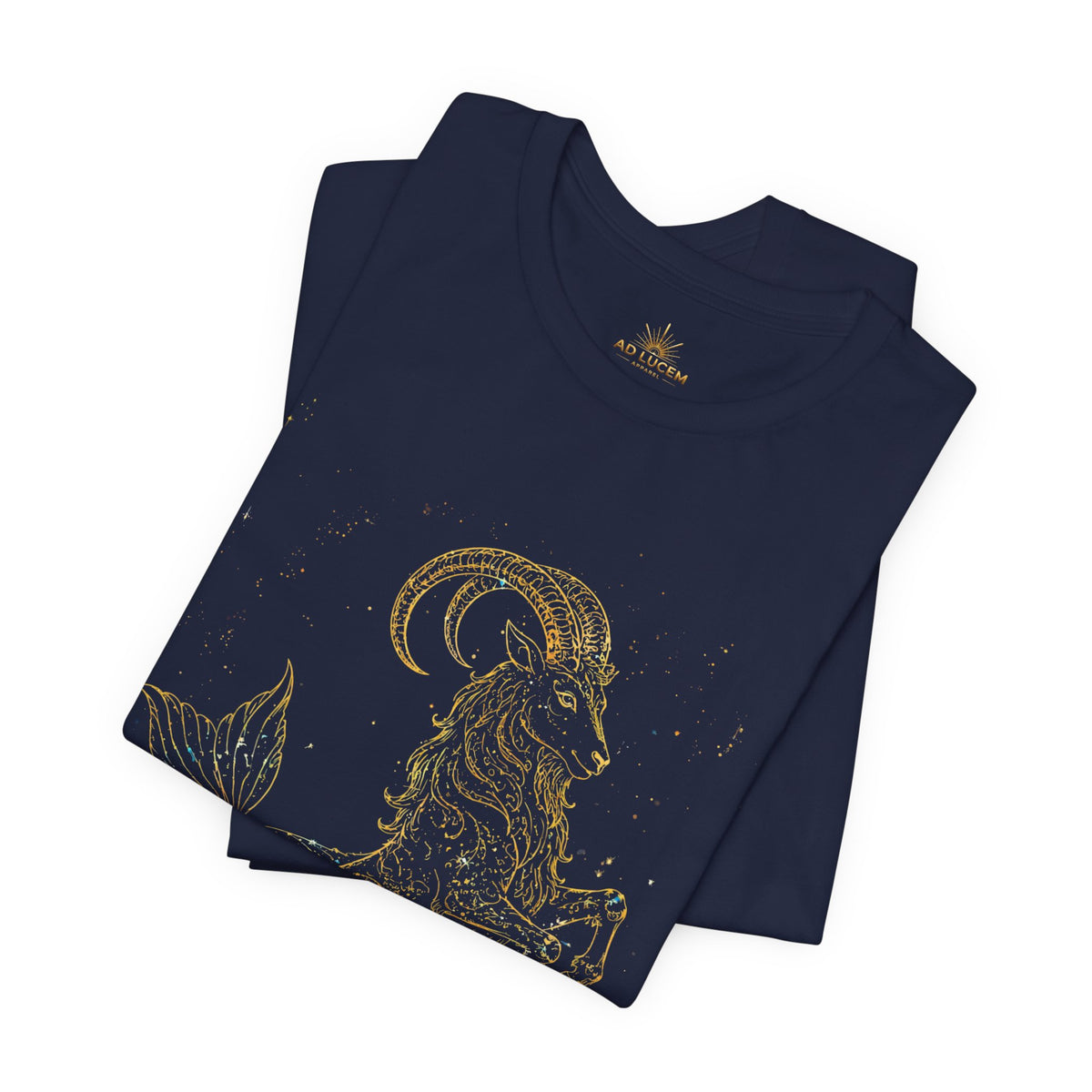 Capricorn Zodiac Tee — Gold Mythic Sea-Goat Astrology Shirt