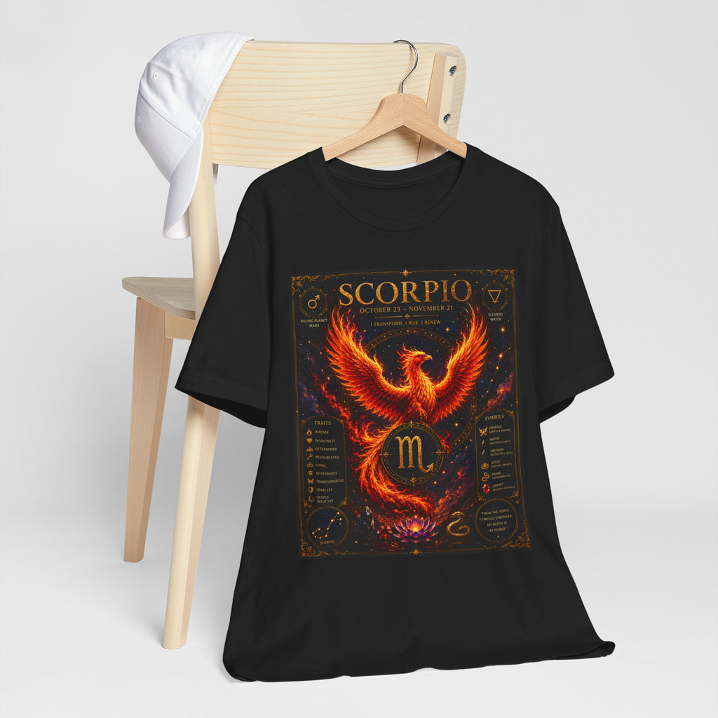 Scorpio Phoenix T-Shirt — Zodiac Birthdate Tee with Scorpio Traits