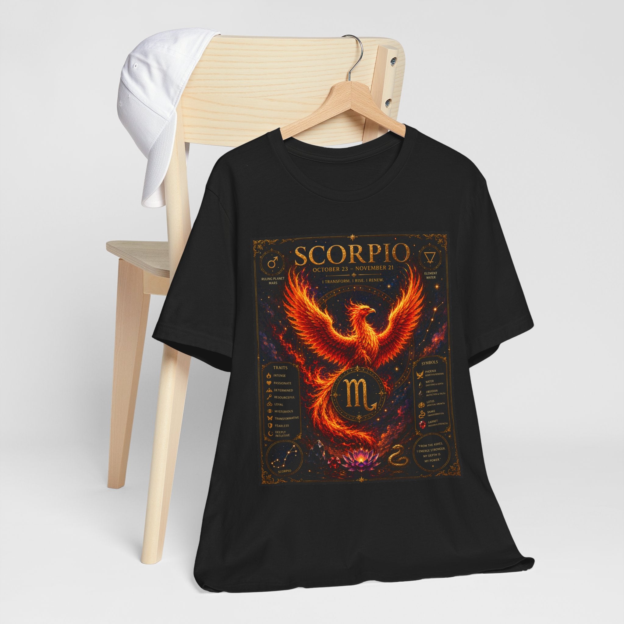 Scorpio Phoenix T-Shirt — Zodiac Birthdate Tee with Scorpio Traits