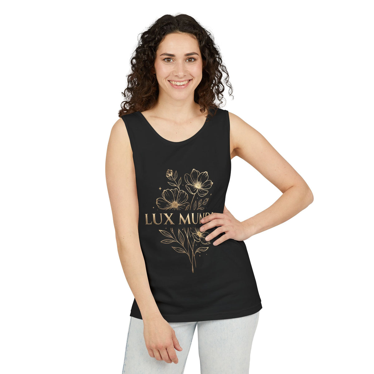 Lux Mundi Floral Tank Top — Gold Botanical Graphic Tank