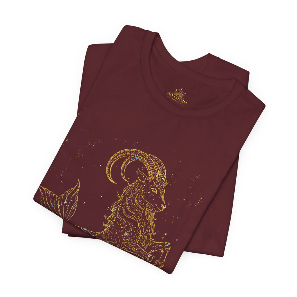 Capricorn Zodiac Tee — Gold Mythic Sea-Goat Astrology Shirt