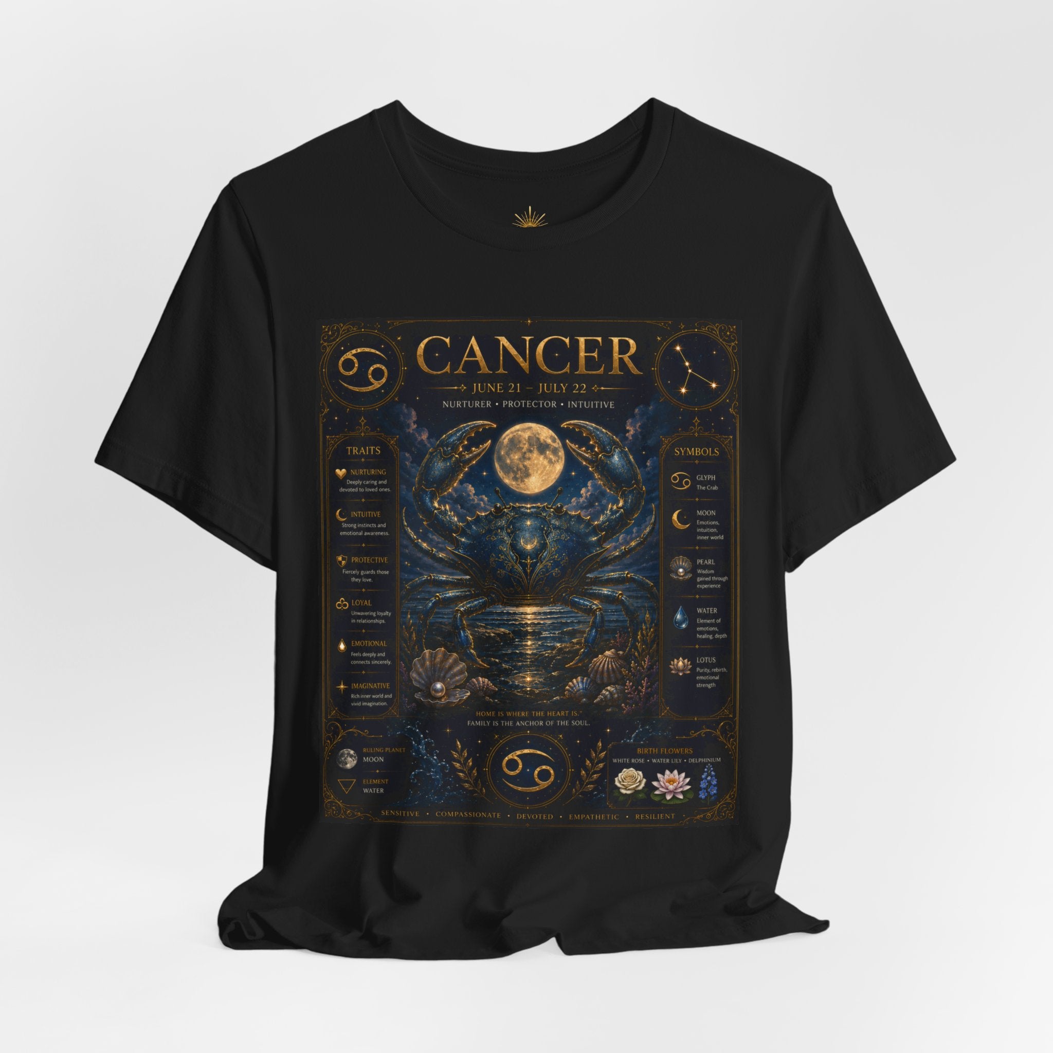 Cancer Zodiac T‑Shirt — Detailed Horoscope Crab Design with Traits & Moon Phases