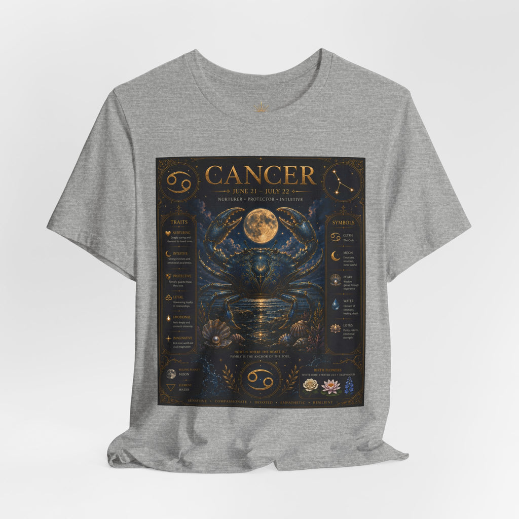 Cancer Zodiac T‑Shirt — Detailed Horoscope Crab Design with Traits & Moon Phases