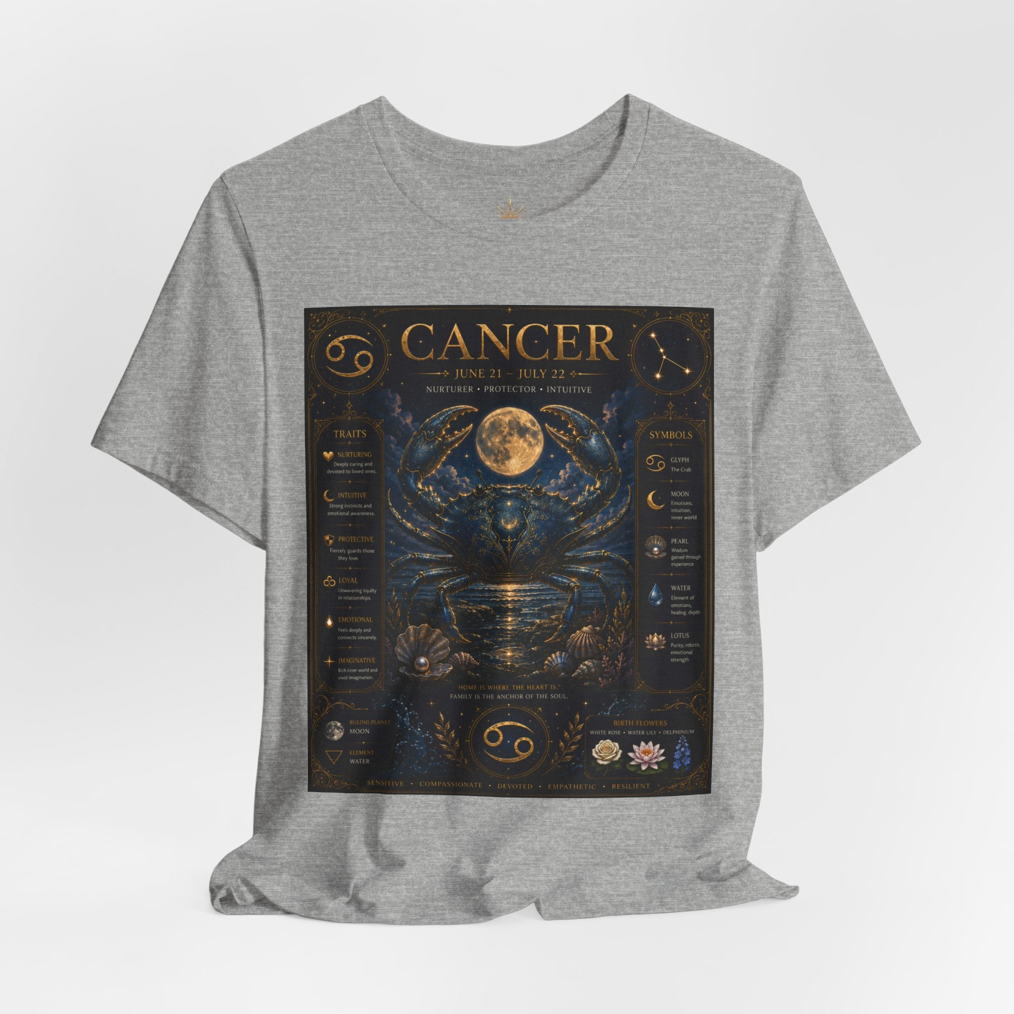 Cancer Zodiac T‑Shirt — Detailed Horoscope Crab Design with Traits & Moon Phases