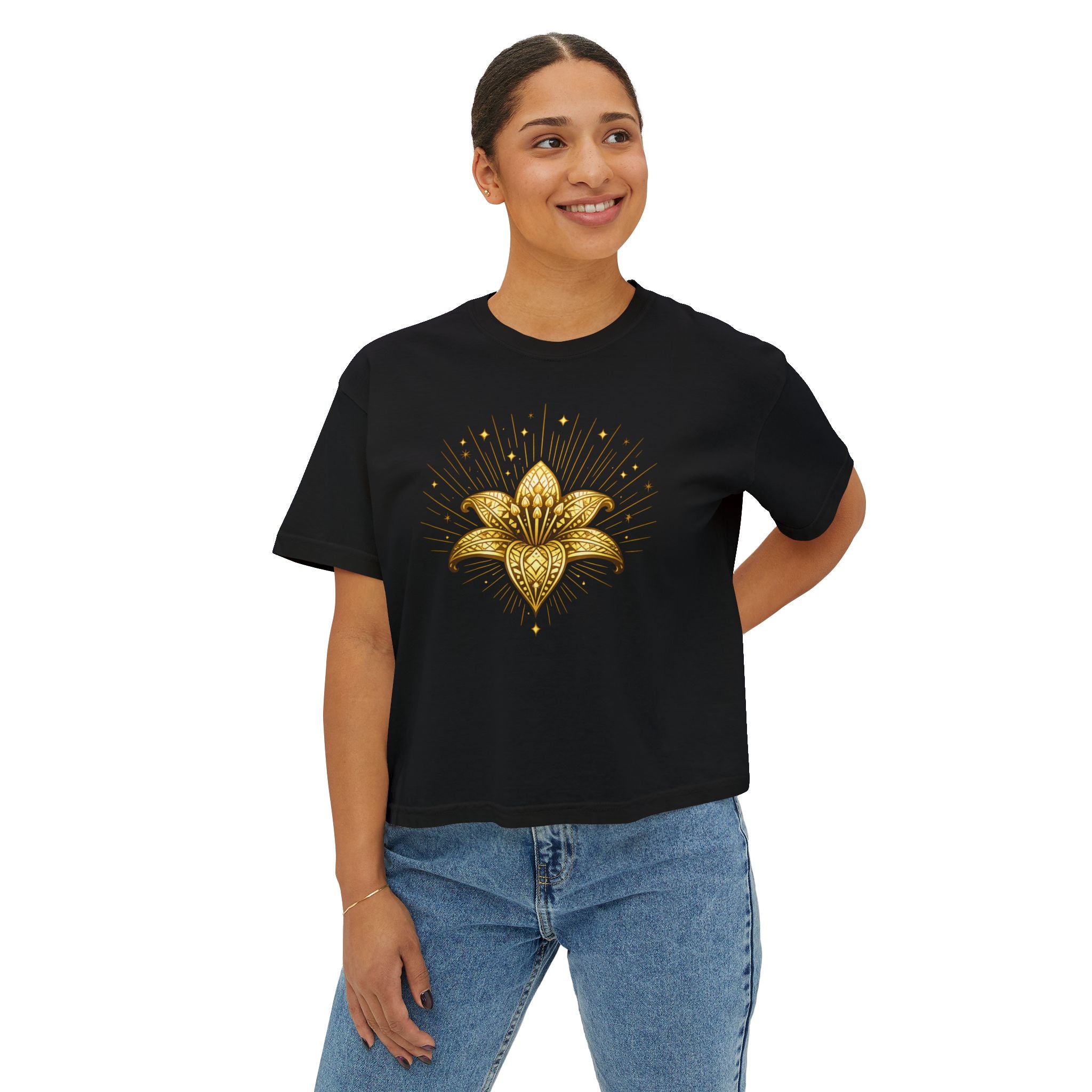Women's Boxy Tee — Gold Lotus Christian Graphic Tee (John 1:5)