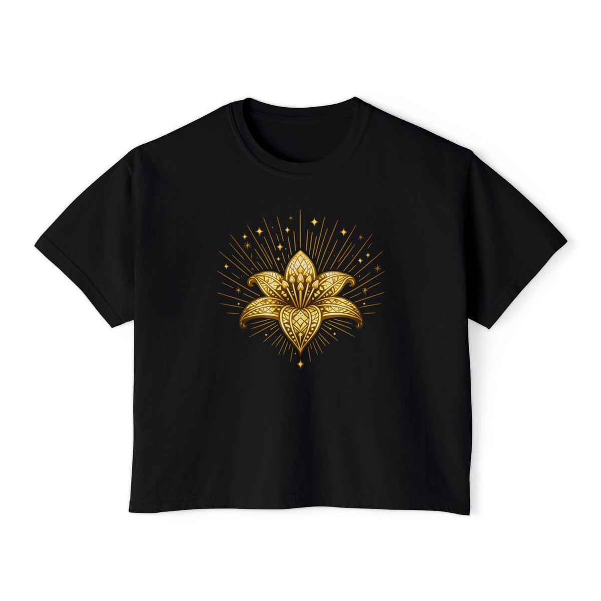 Women's Boxy Tee — Gold Lotus Christian Graphic Tee (John 1:5)
