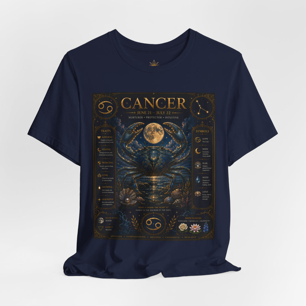 Cancer Zodiac T‑Shirt — Detailed Horoscope Crab Design with Traits & Moon Phases