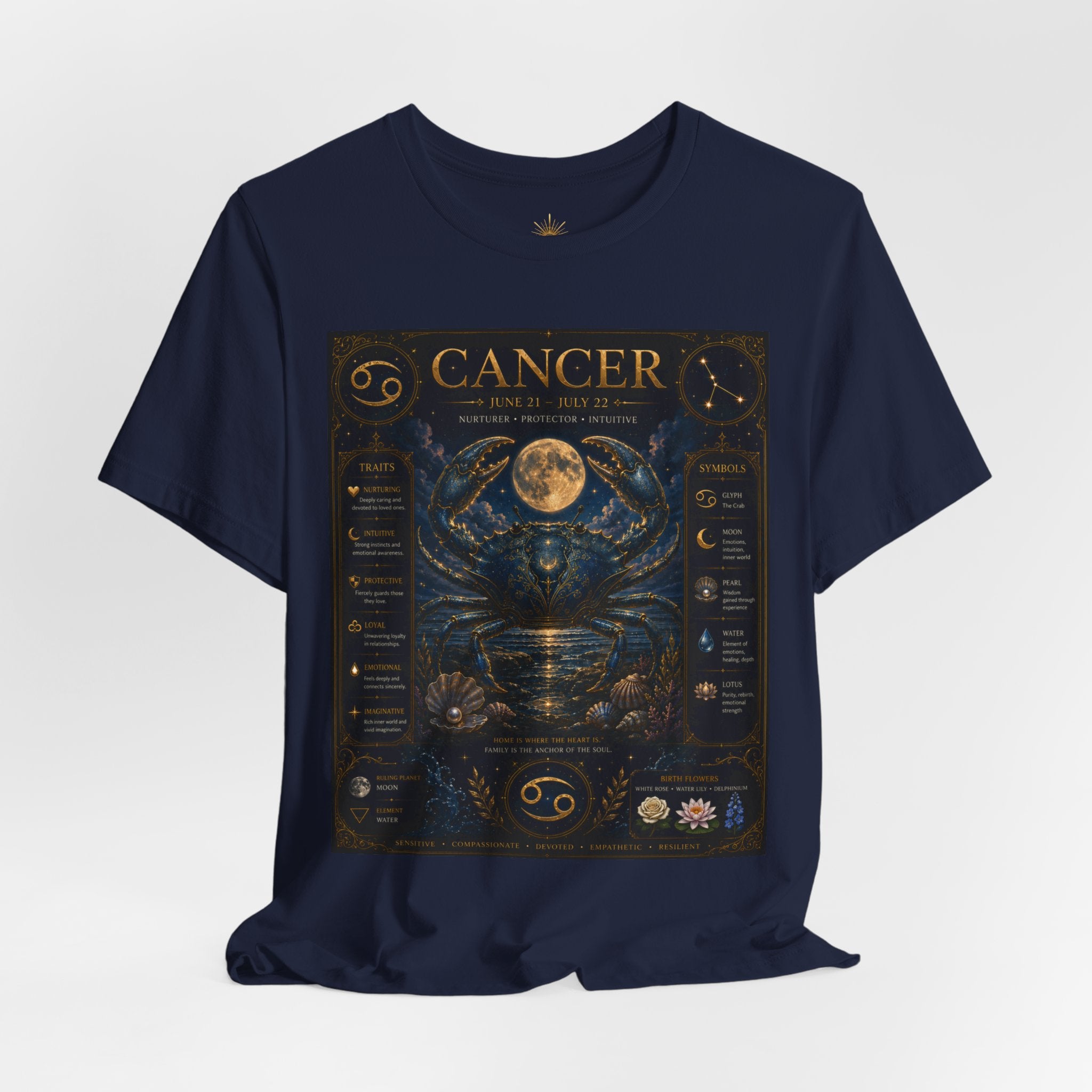 Cancer Zodiac T‑Shirt — Detailed Horoscope Crab Design with Traits & Moon Phases