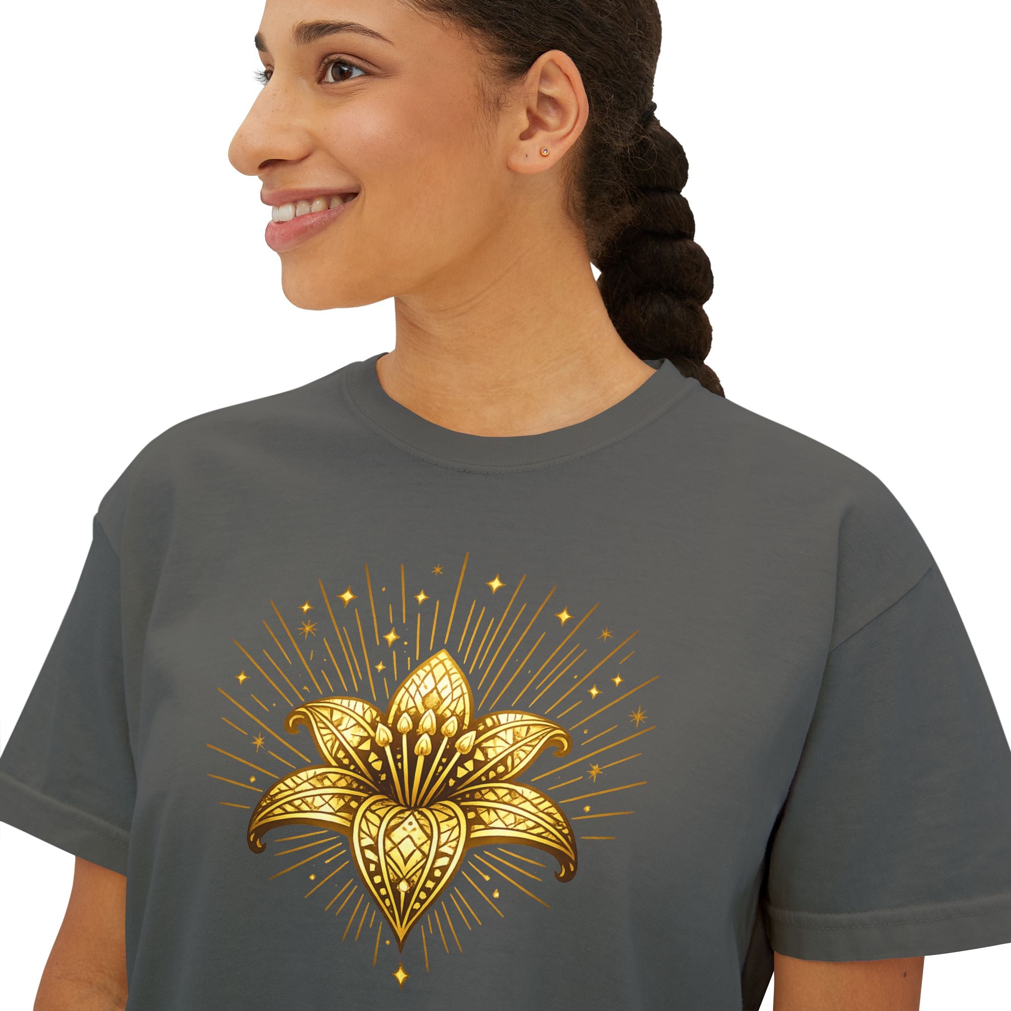 Women's Boxy Tee — Gold Lotus Christian Graphic Tee (John 1:5)