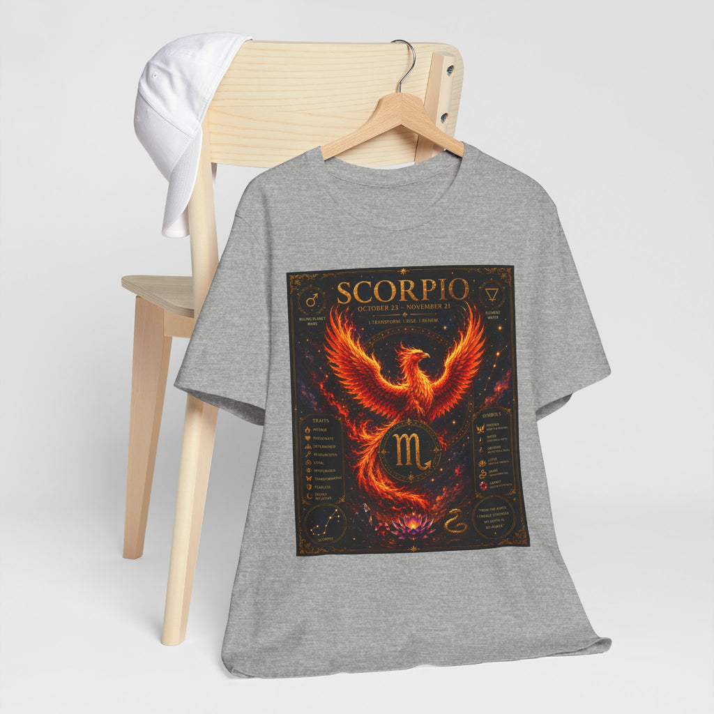 Scorpio Phoenix T-Shirt — Zodiac Birthdate Tee with Scorpio Traits