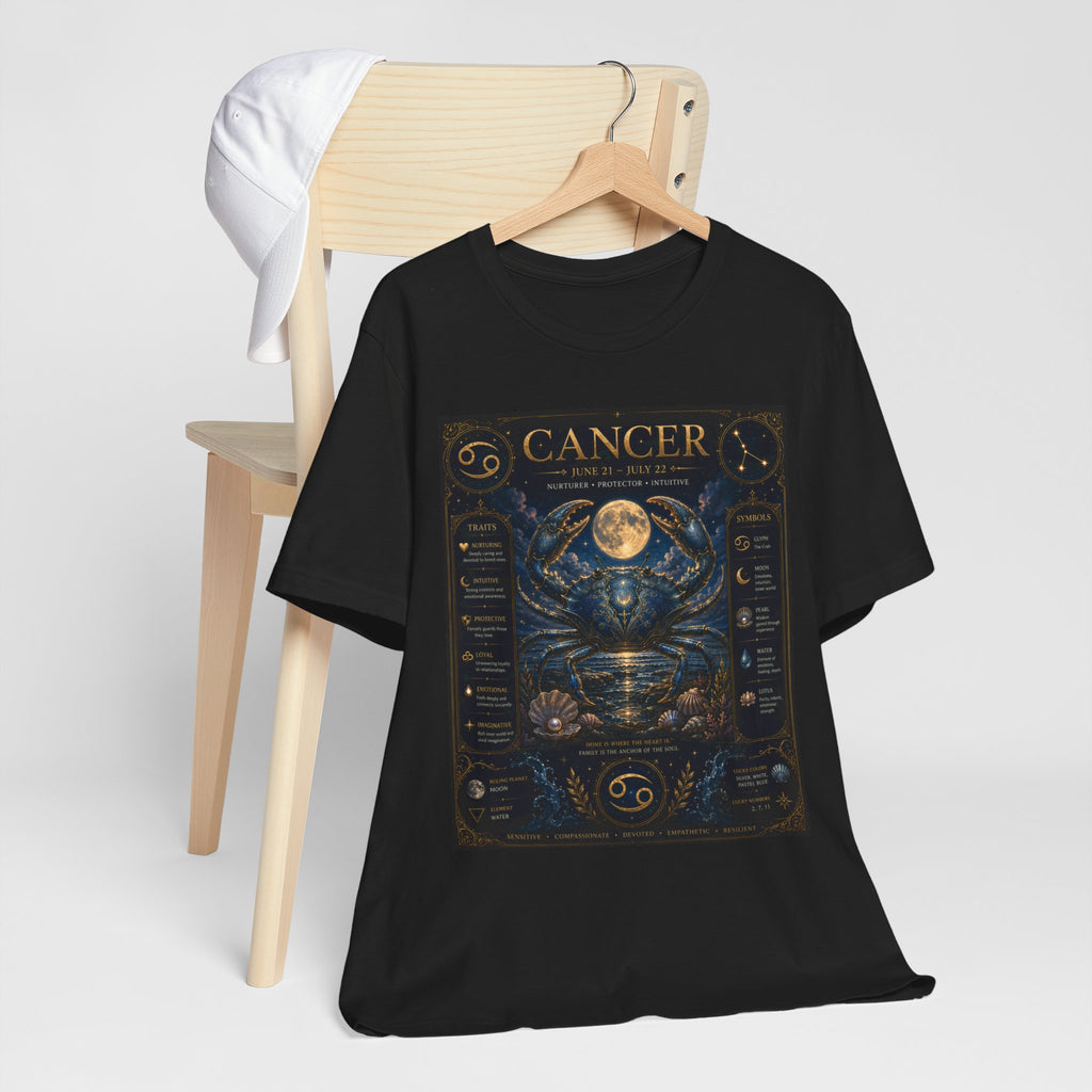Cancer Zodiac T‑Shirt — Detailed Horoscope Crab Design with Traits & Moon Phases