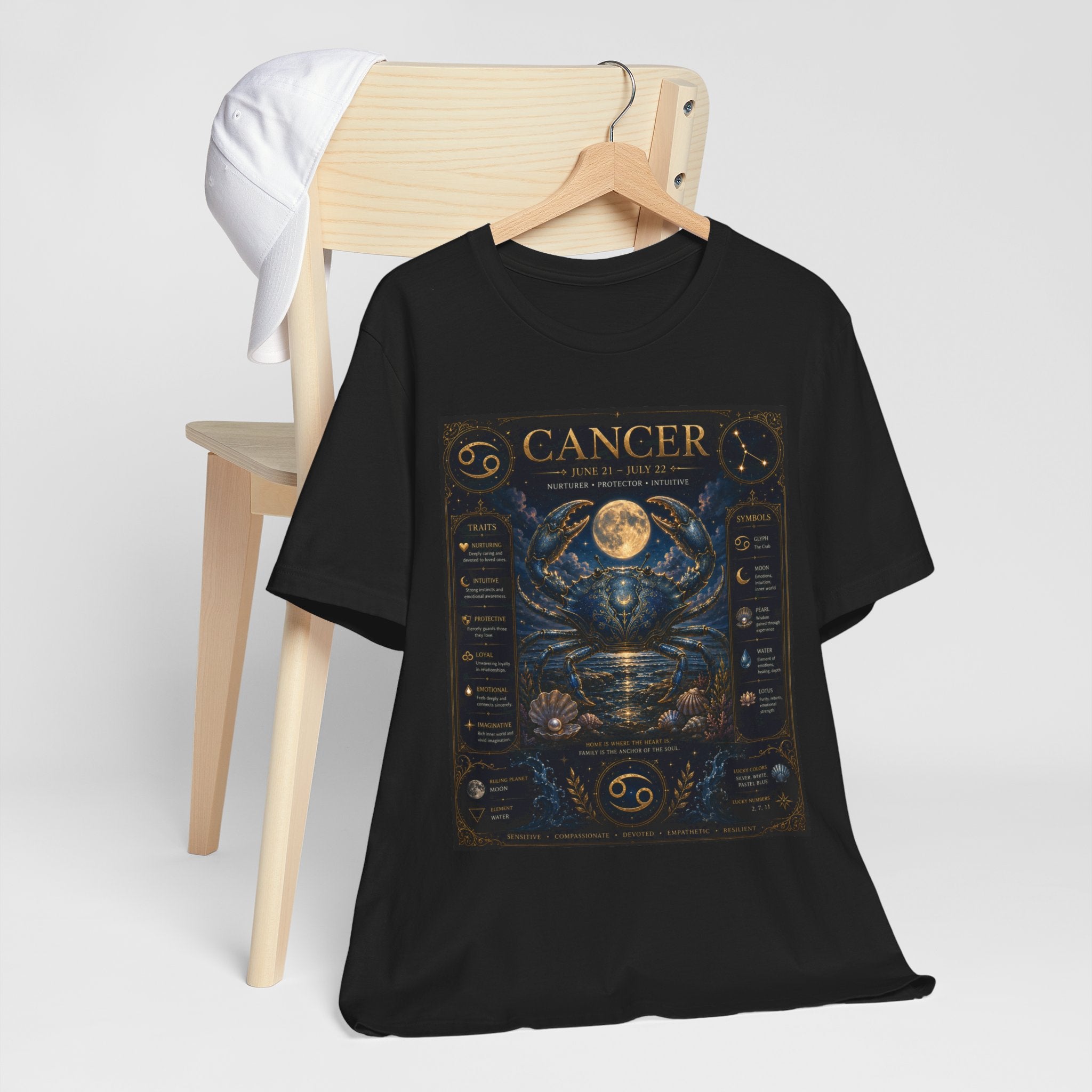 Cancer Zodiac T‑Shirt — Detailed Horoscope Crab Design with Traits & Moon Phases