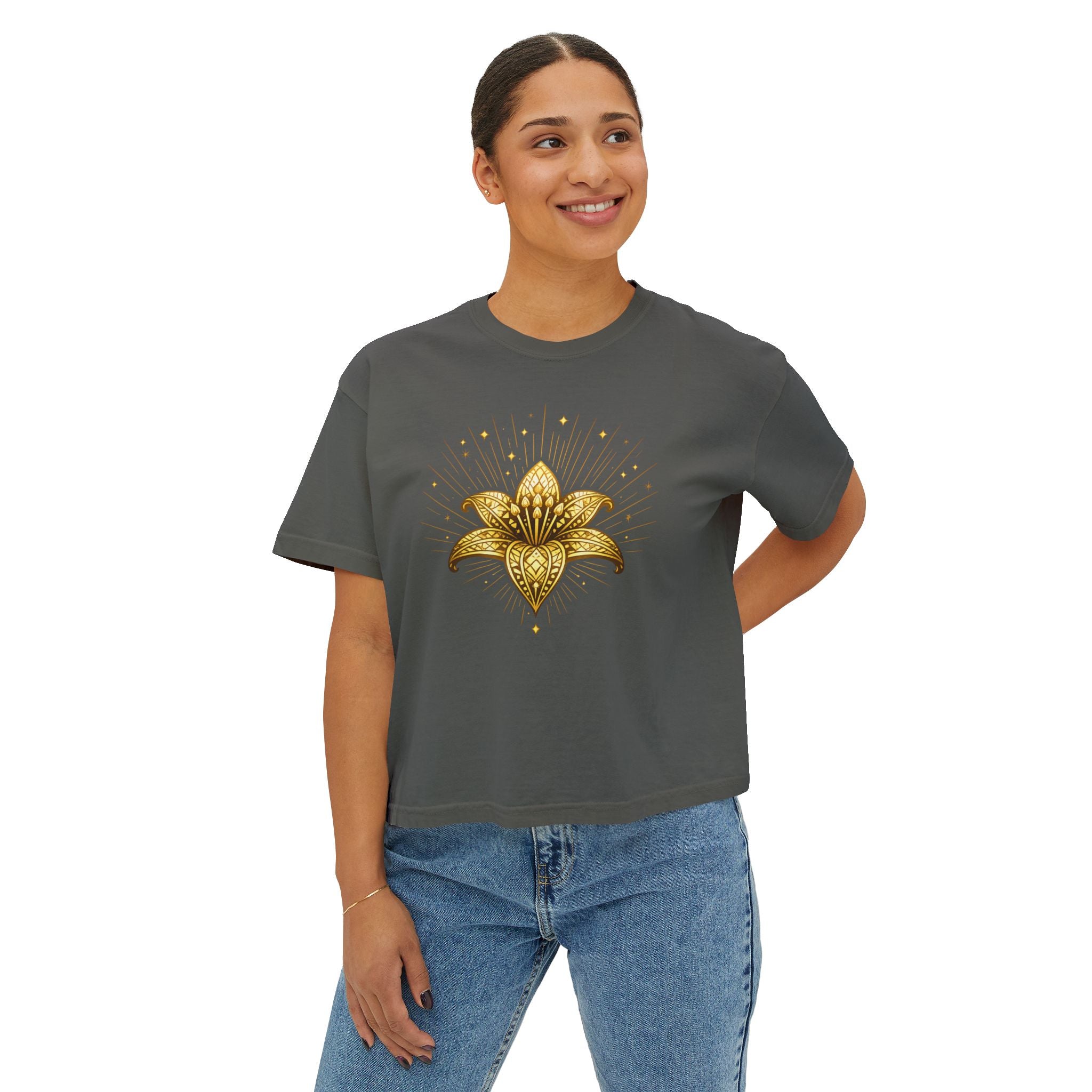 Women's Boxy Tee — Gold Lotus Christian Graphic Tee (John 1:5)