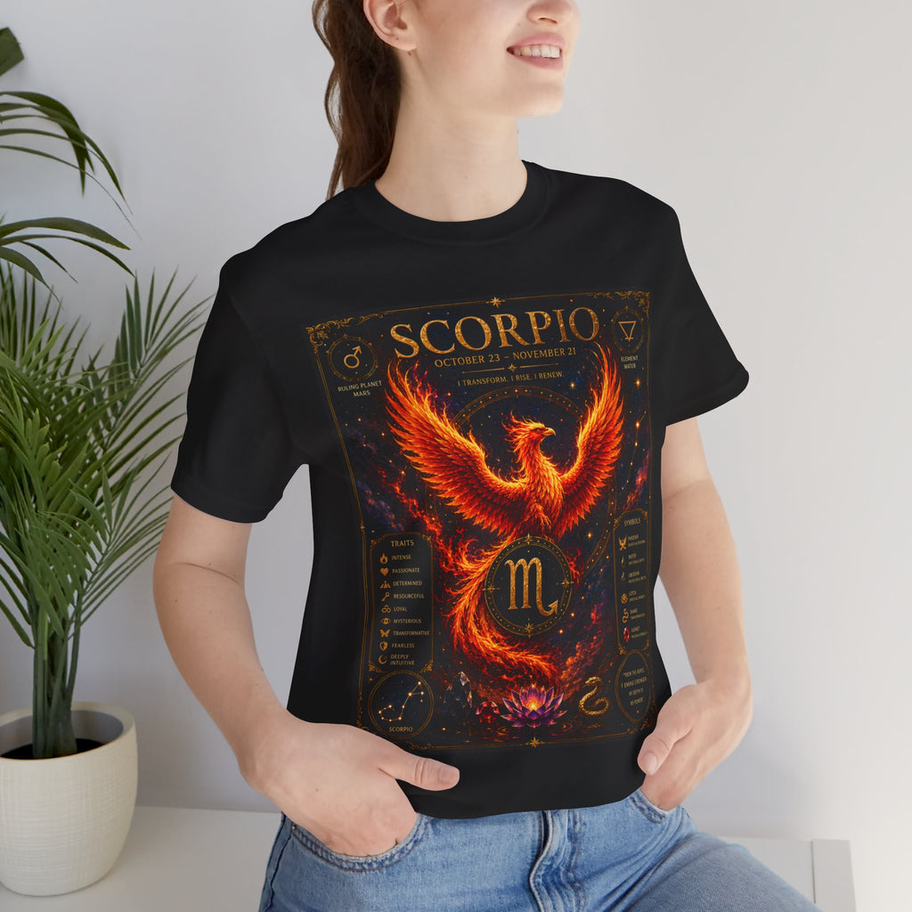 Scorpio Phoenix T-Shirt — Zodiac Birthdate Tee with Scorpio Traits