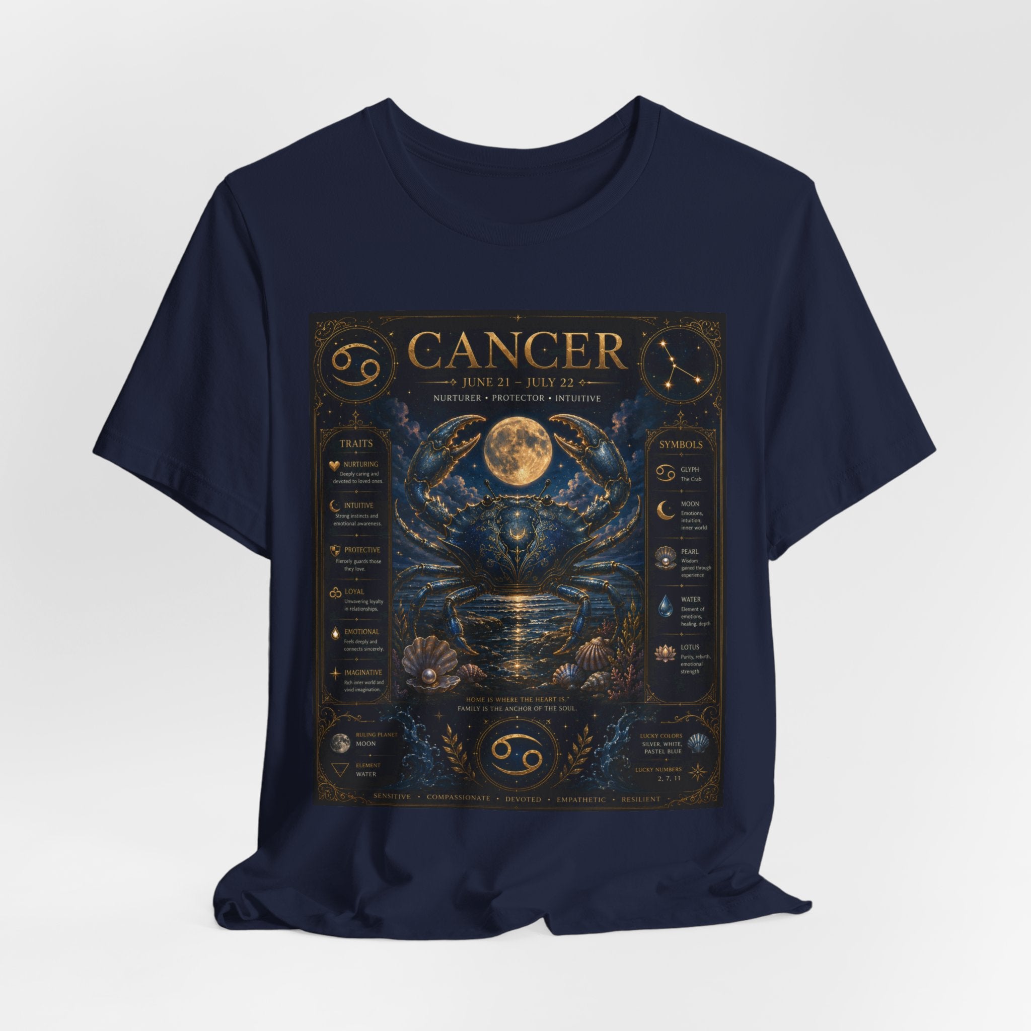 Cancer Zodiac T‑Shirt — Detailed Horoscope Crab Design with Traits & Moon Phases