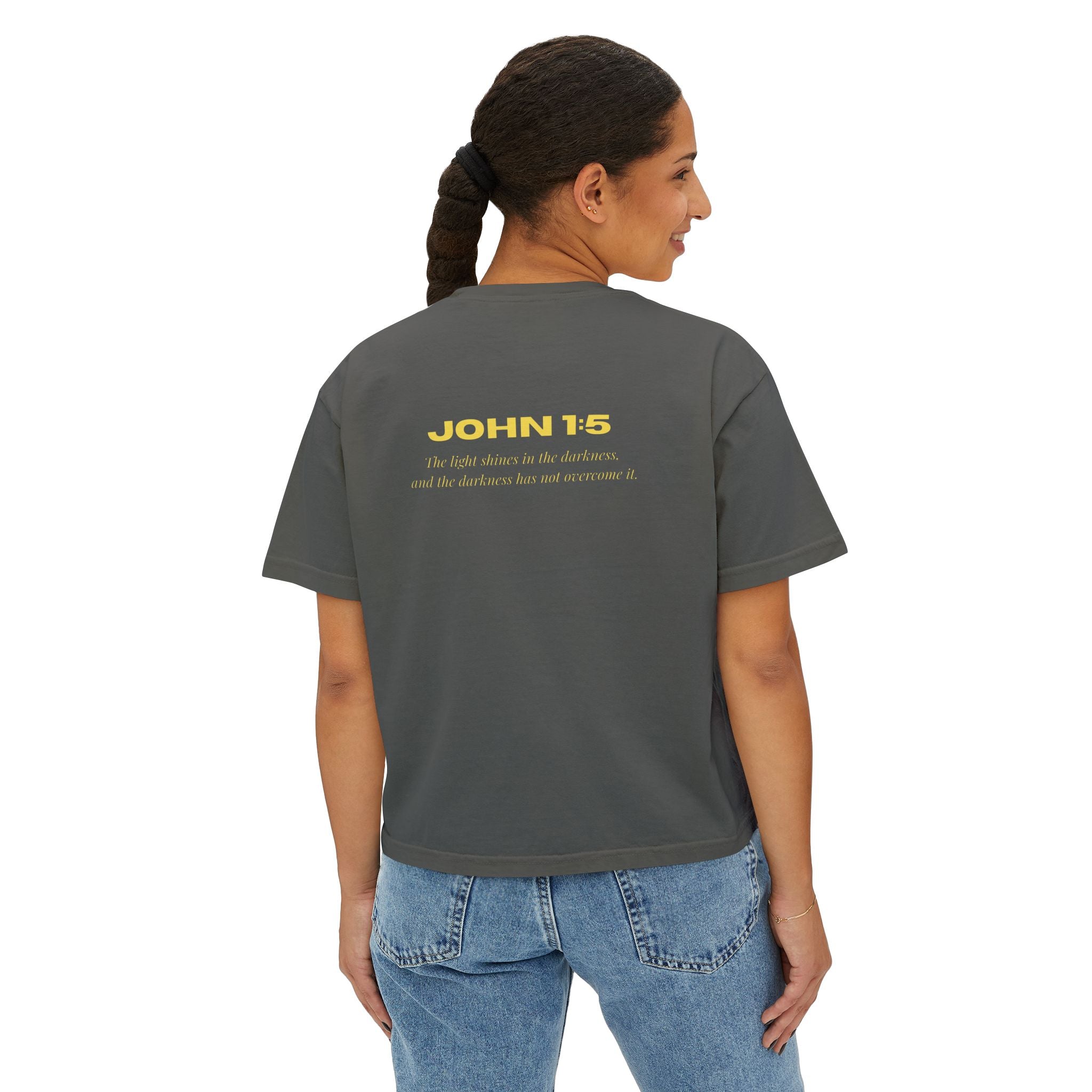 Women's Boxy Tee — Gold Lotus Christian Graphic Tee (John 1:5)
