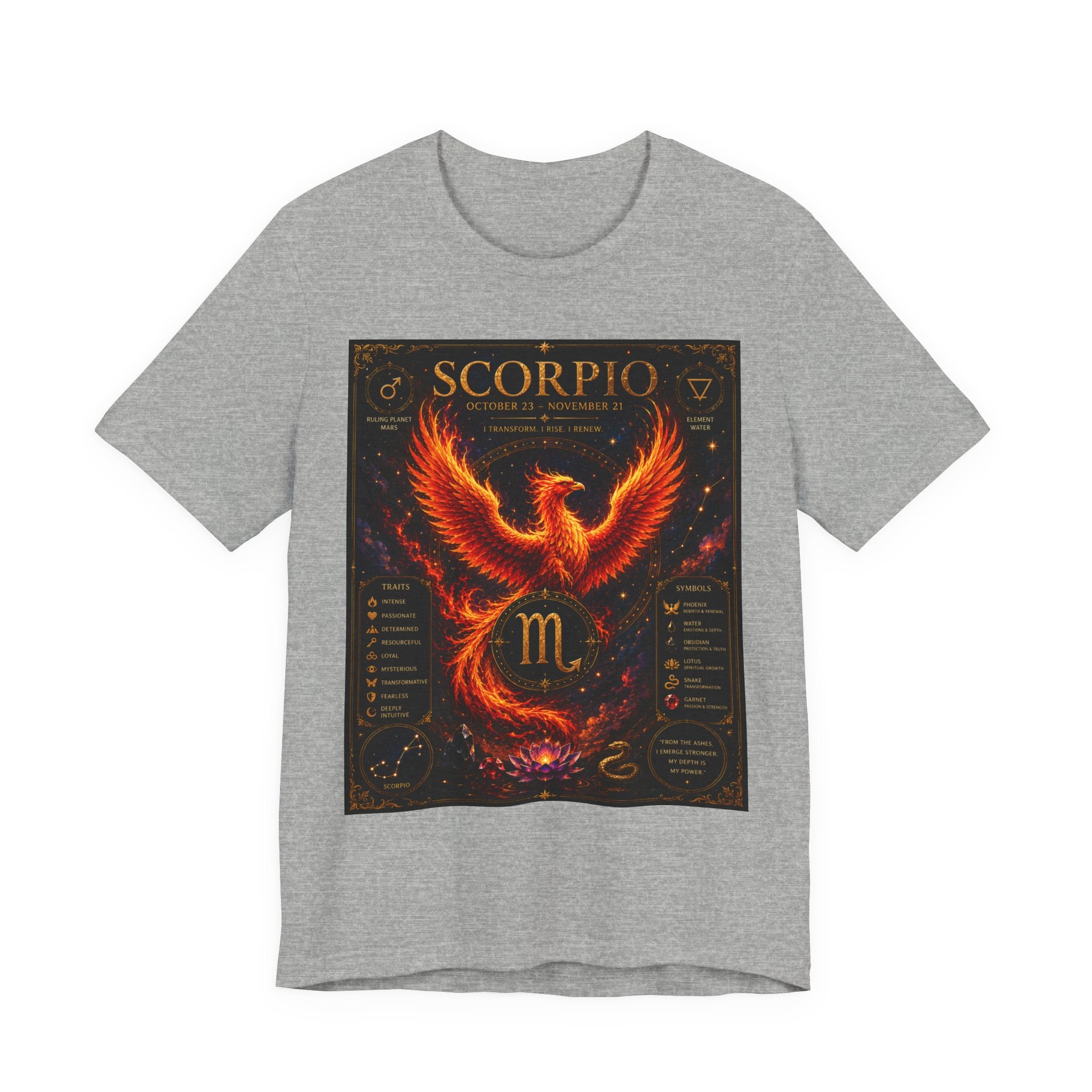 Scorpio Phoenix T-Shirt — Zodiac Birthdate Tee with Scorpio Traits