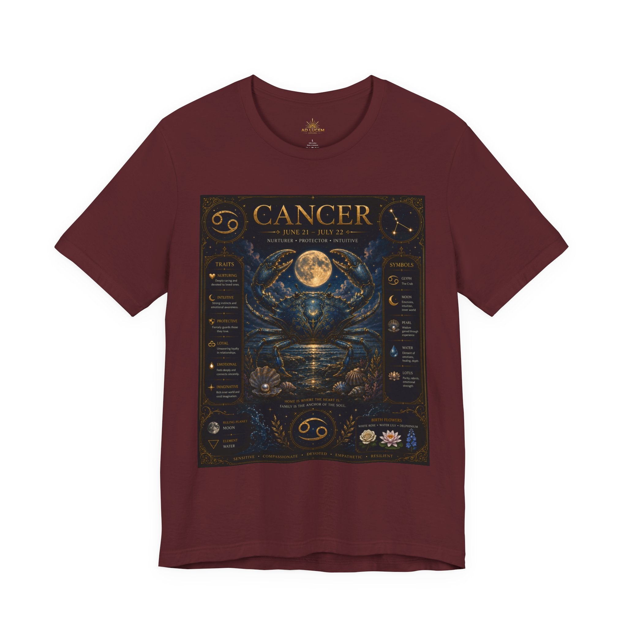 Cancer Zodiac T‑Shirt — Detailed Horoscope Crab Design with Traits & Moon Phases