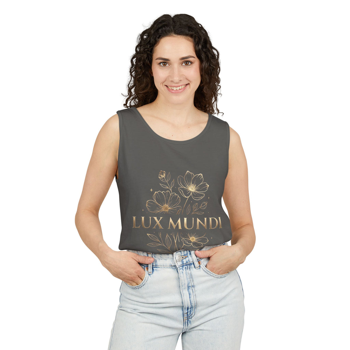 Lux Mundi Floral Tank Top — Gold Botanical Graphic Tank