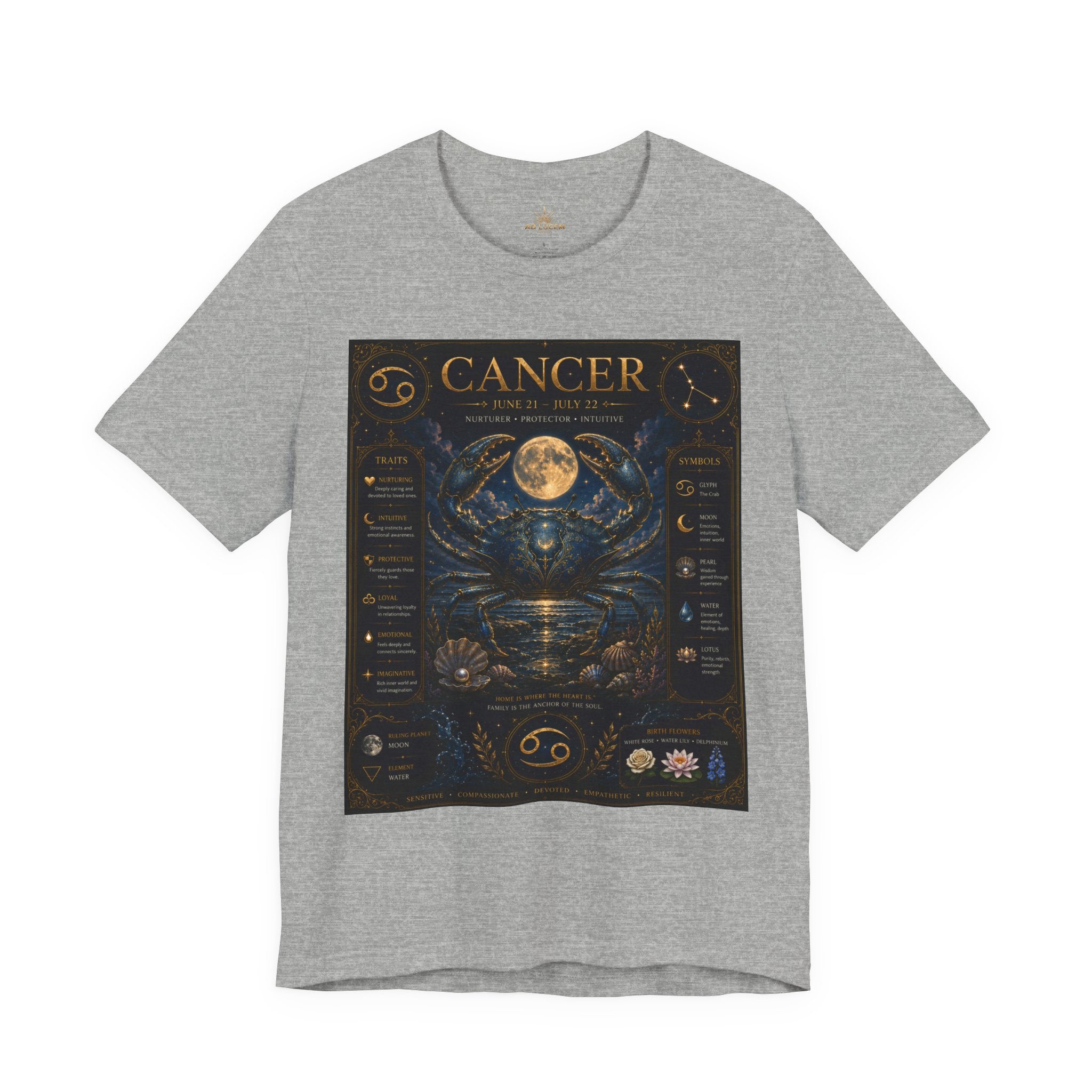 Cancer Zodiac T‑Shirt — Detailed Horoscope Crab Design with Traits & Moon Phases