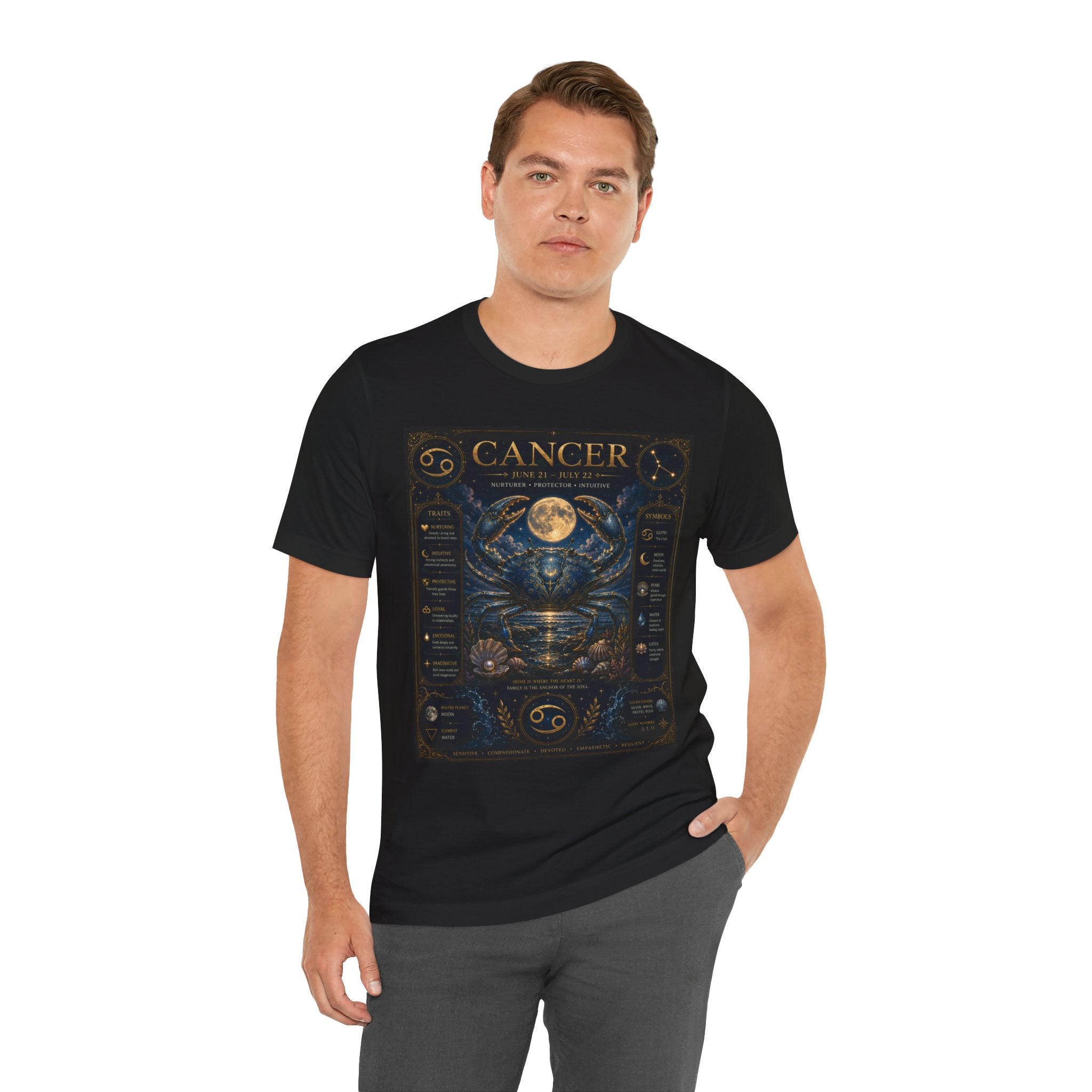 Cancer Zodiac T‑Shirt — Detailed Horoscope Crab Design with Traits & Moon Phases