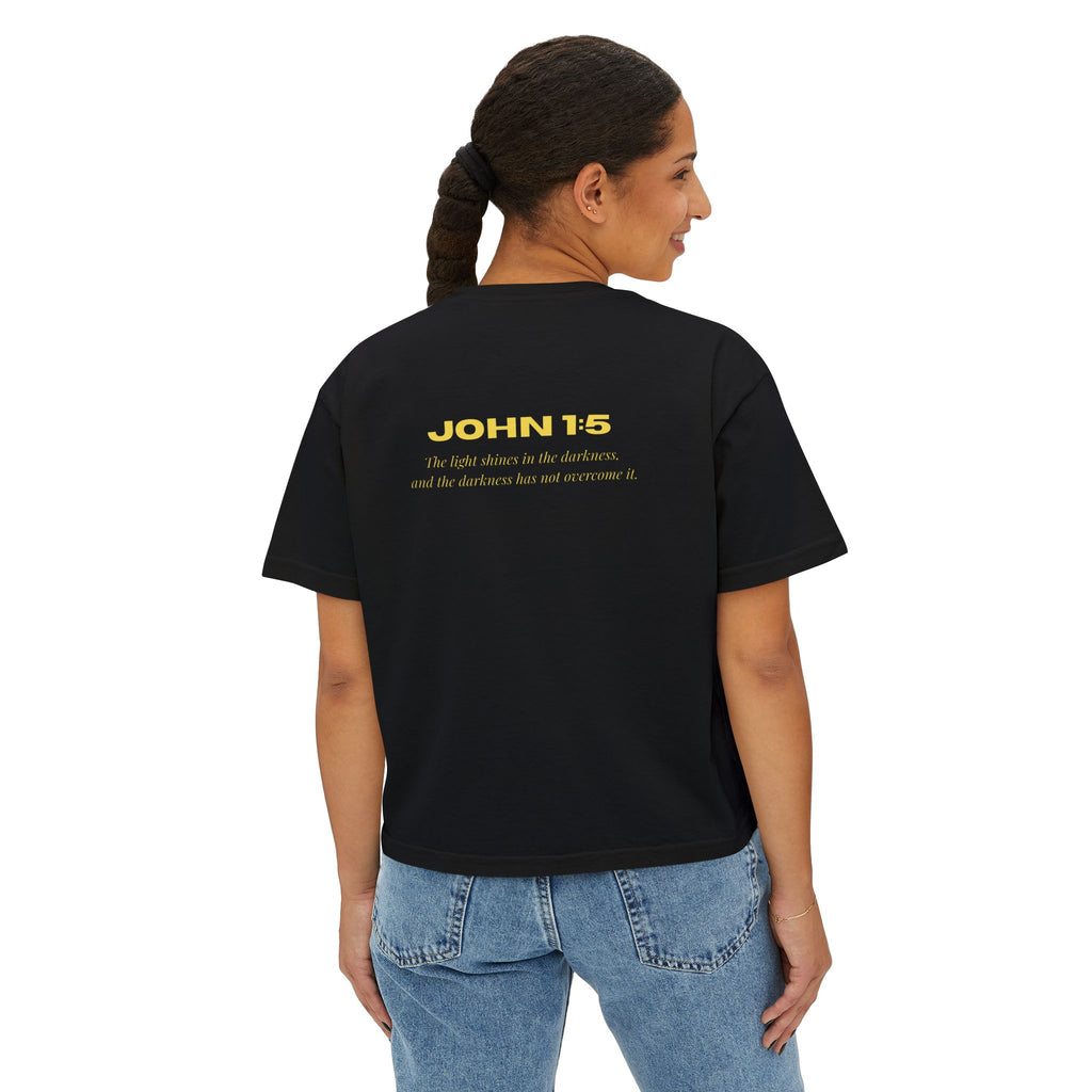 Women's Boxy Tee — Gold Lotus Christian Graphic Tee (John 1:5)