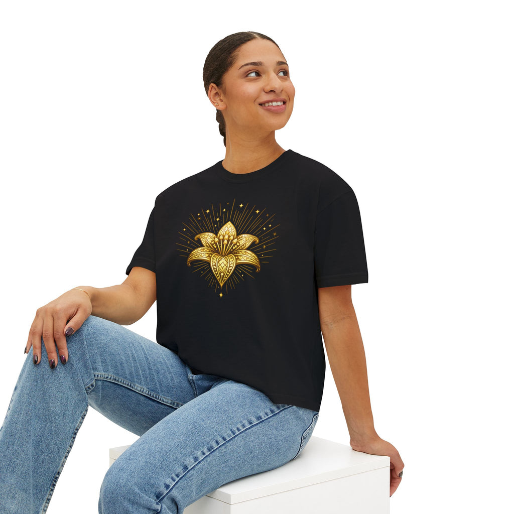Women's Boxy Tee — Gold Lotus Christian Graphic Tee (John 1:5)