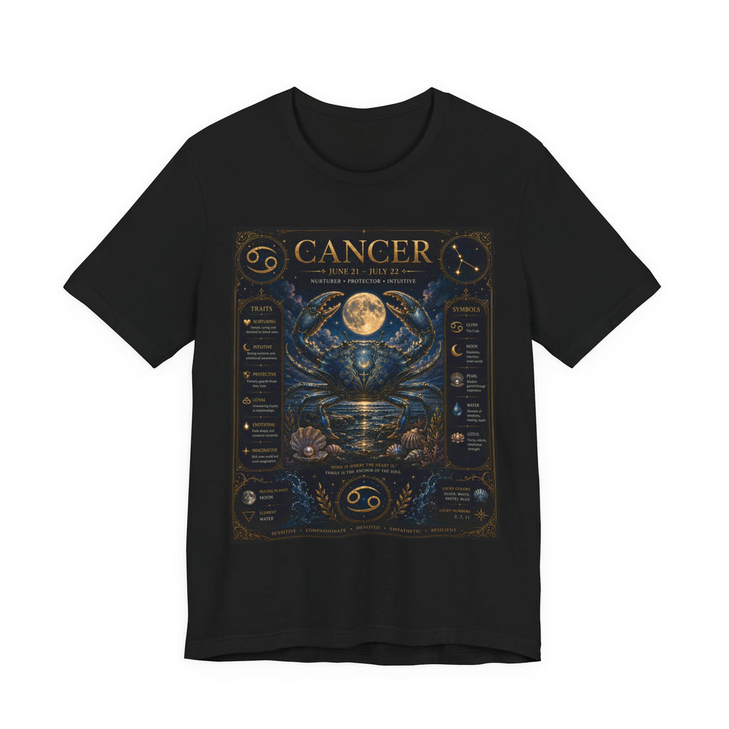 Cancer Zodiac T‑Shirt — Detailed Horoscope Crab Design with Traits & Moon Phases