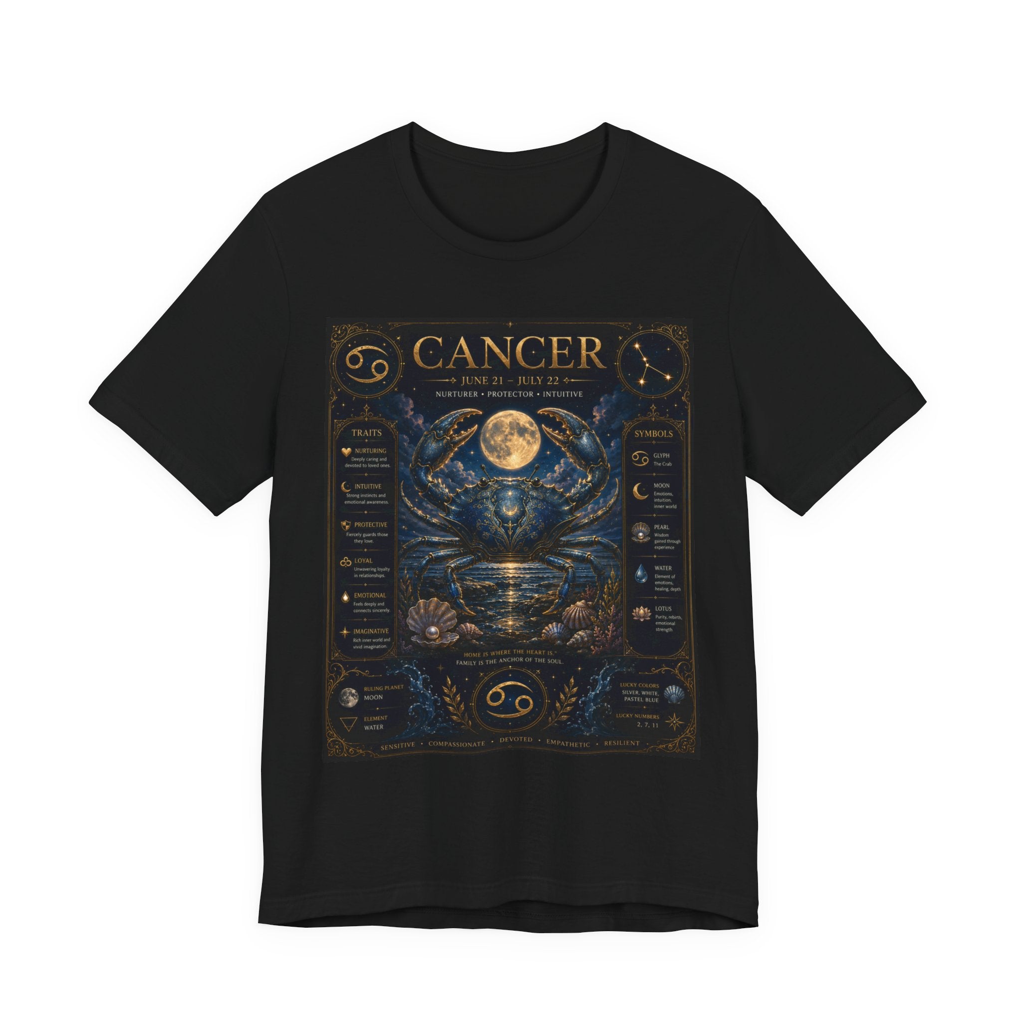 Cancer Zodiac T‑Shirt — Detailed Horoscope Crab Design with Traits & Moon Phases
