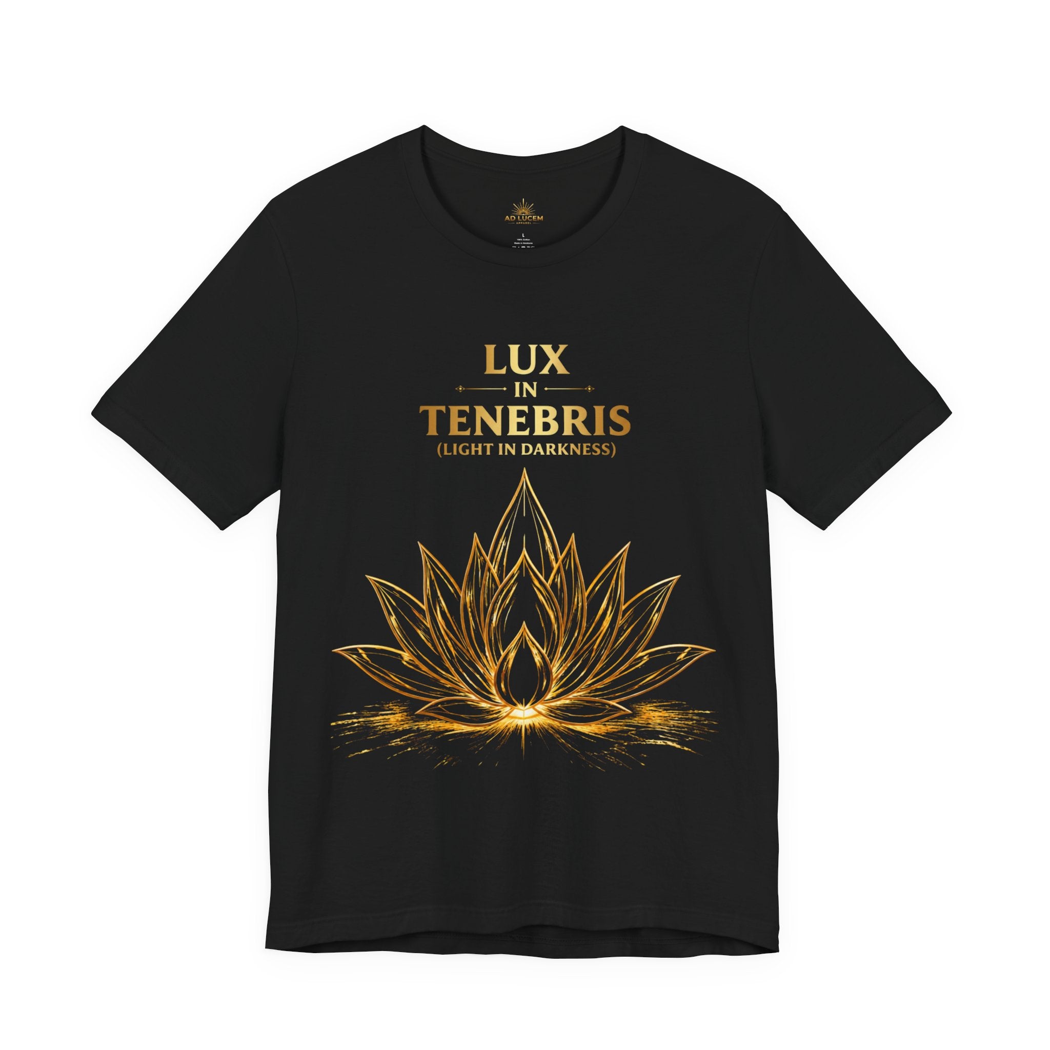 Lux in Tenebris Tee — Golden Lotus 'Light in Darkness' Graphic T‑Shirt