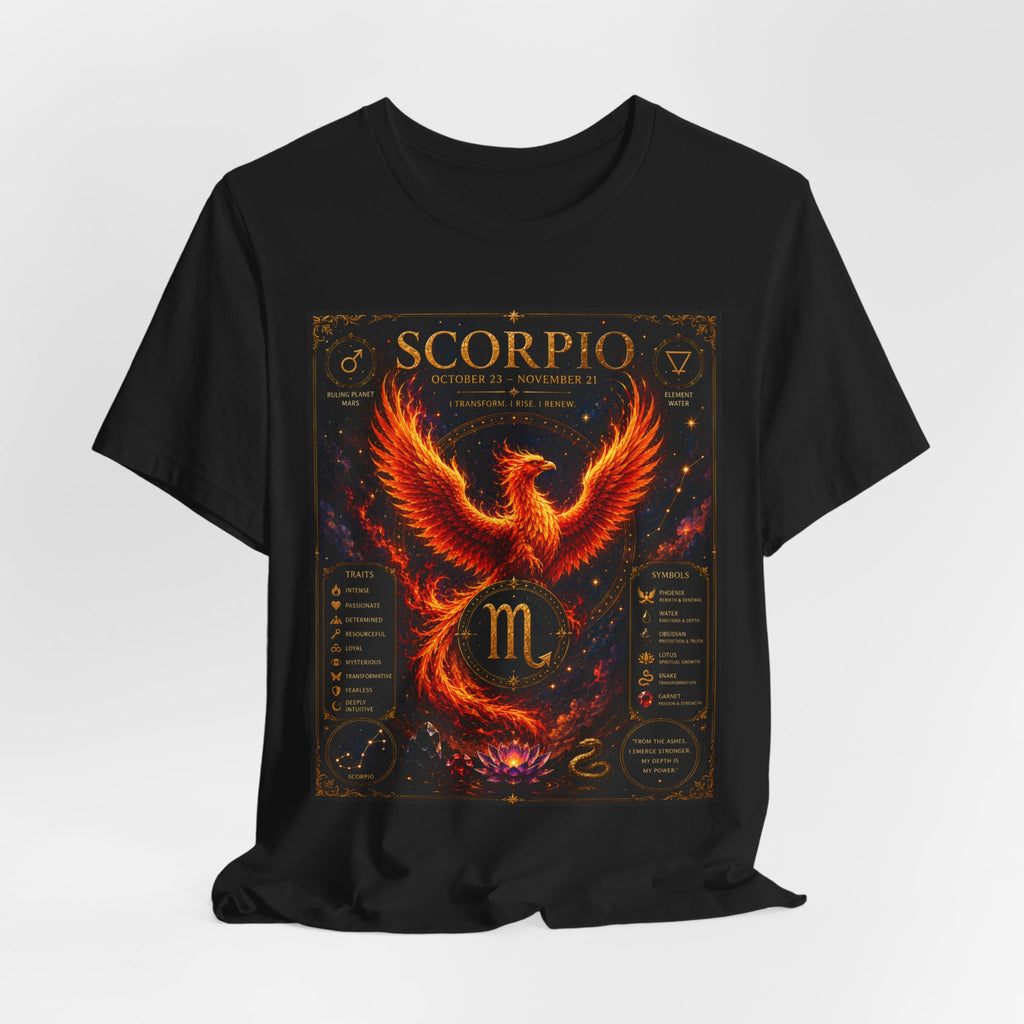 Scorpio Phoenix T-Shirt — Zodiac Birthdate Tee with Scorpio Traits