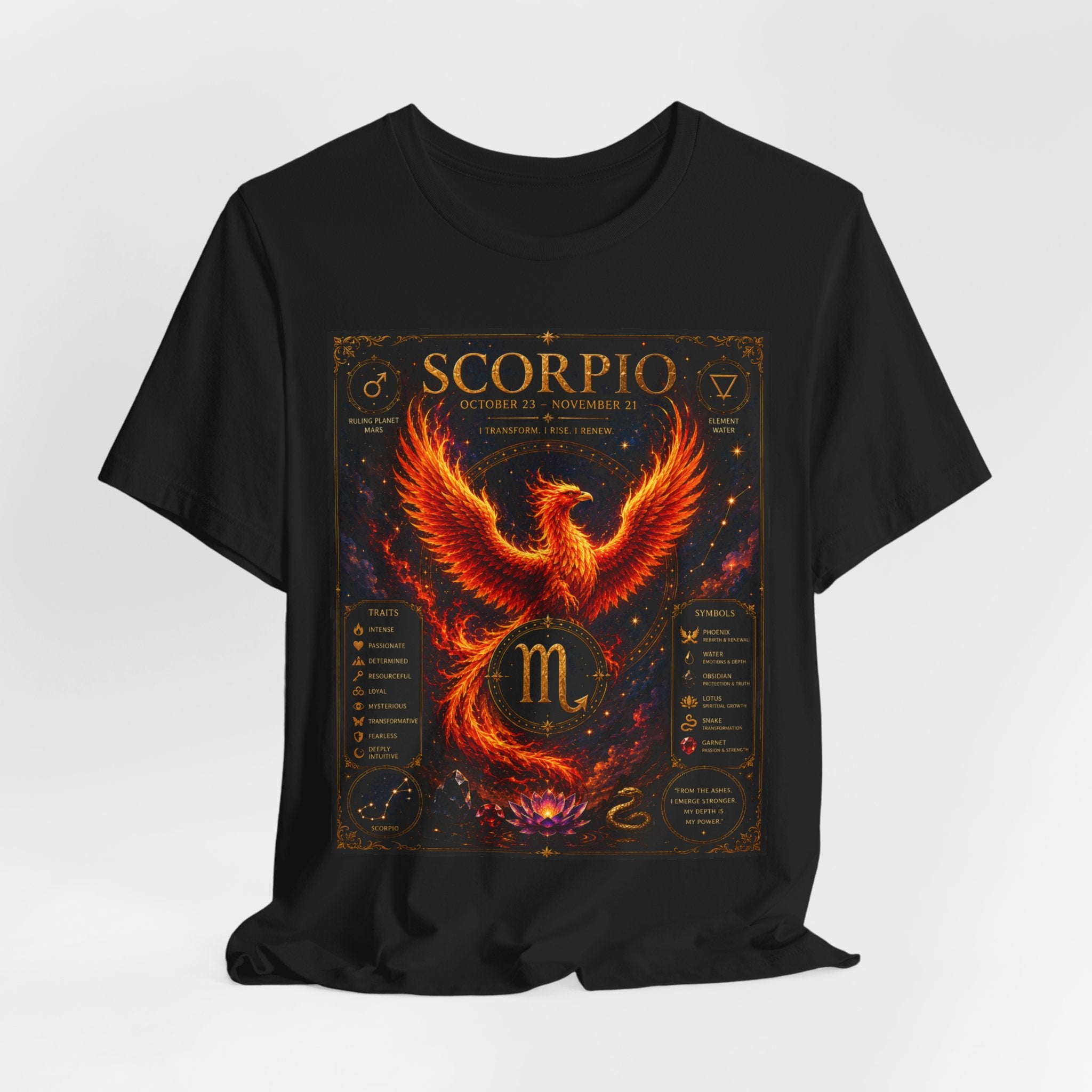 Scorpio Phoenix T-Shirt — Zodiac Birthdate Tee with Scorpio Traits