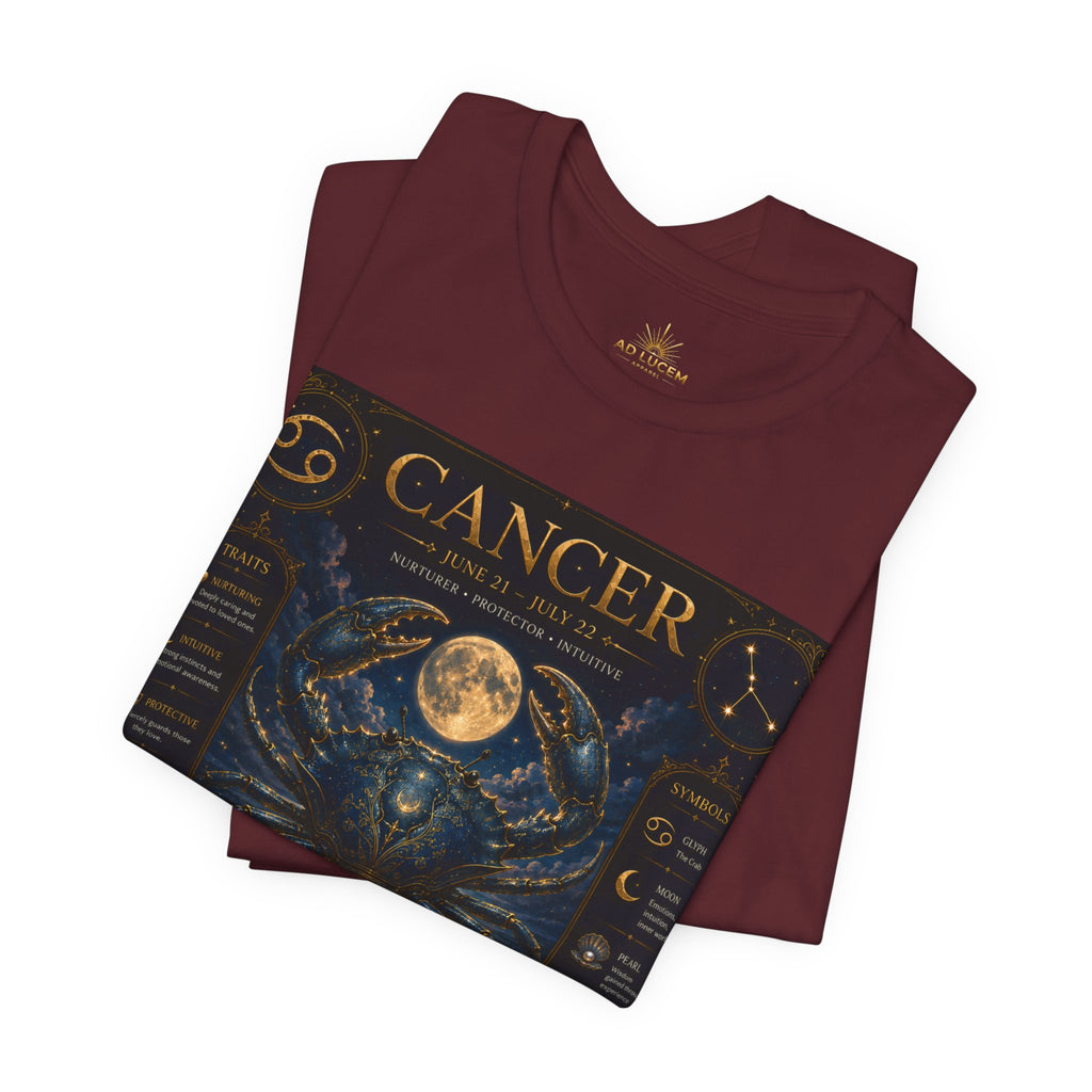 Cancer Zodiac T‑Shirt — Detailed Horoscope Crab Design with Traits & Moon Phases