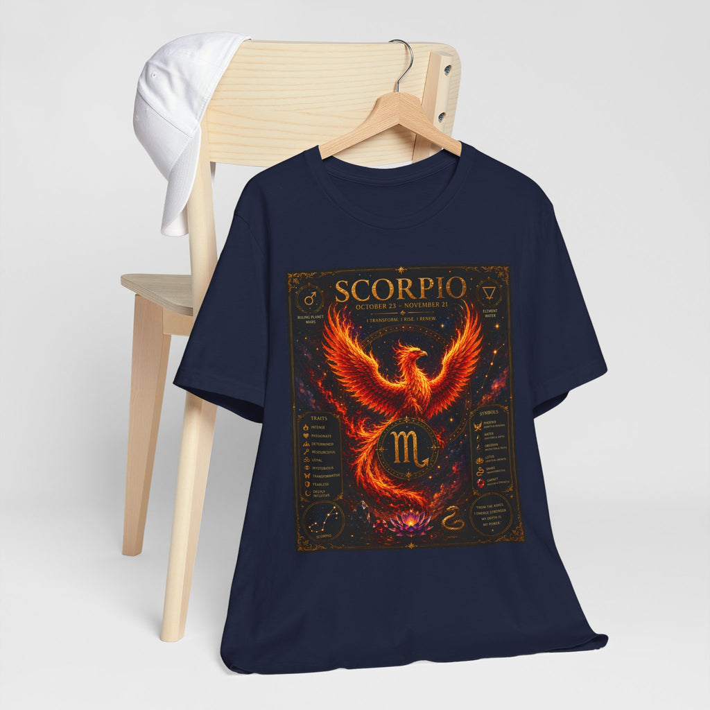Scorpio Phoenix T-Shirt — Zodiac Birthdate Tee with Scorpio Traits