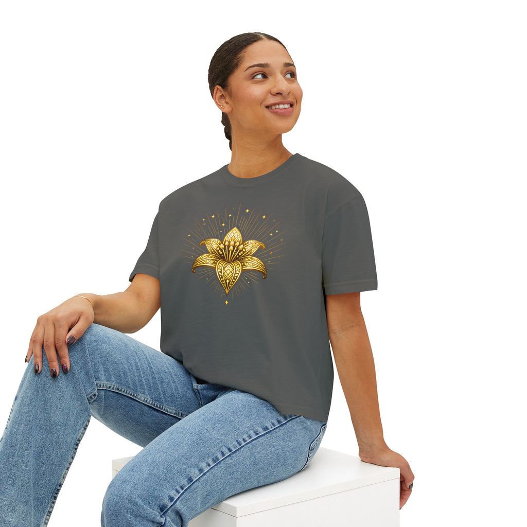 Women's Boxy Tee — Gold Lotus Christian Graphic Tee (John 1:5)