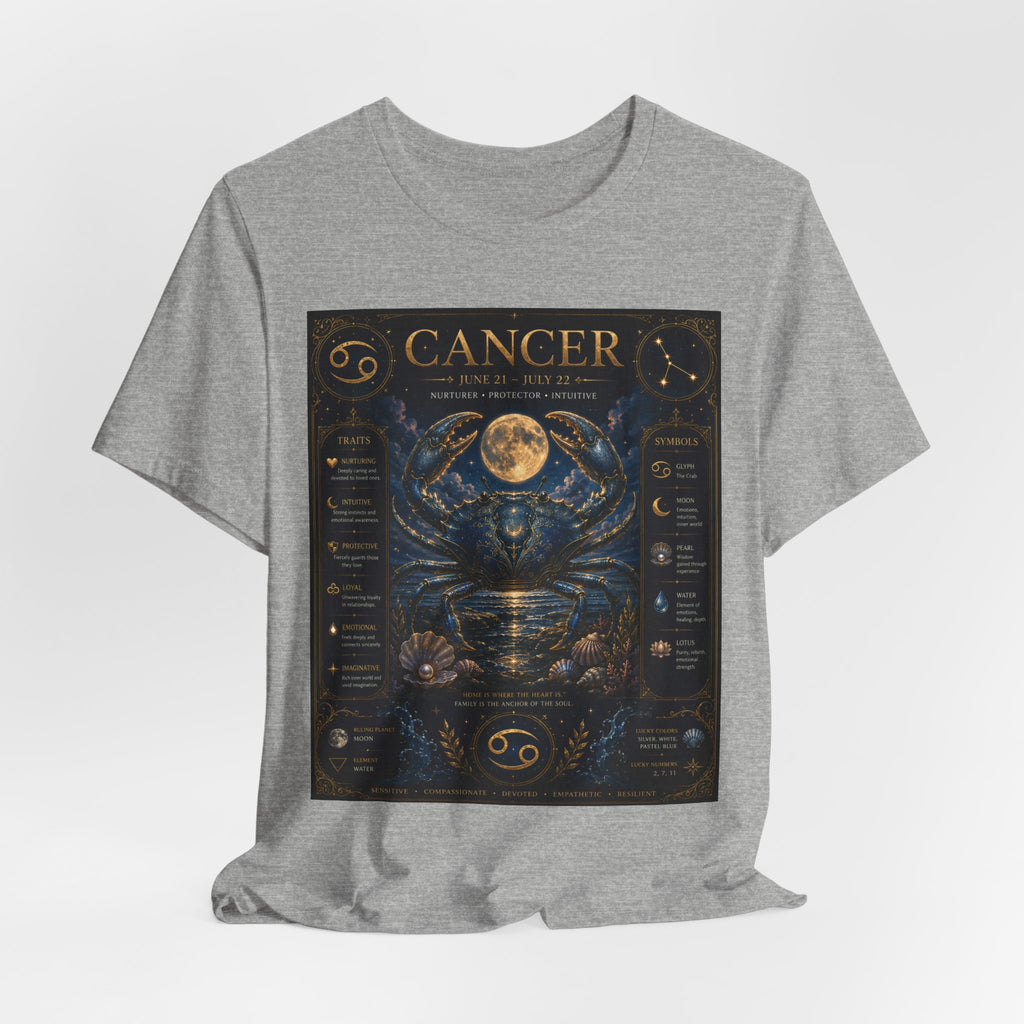 Cancer Zodiac T‑Shirt — Detailed Horoscope Crab Design with Traits & Moon Phases