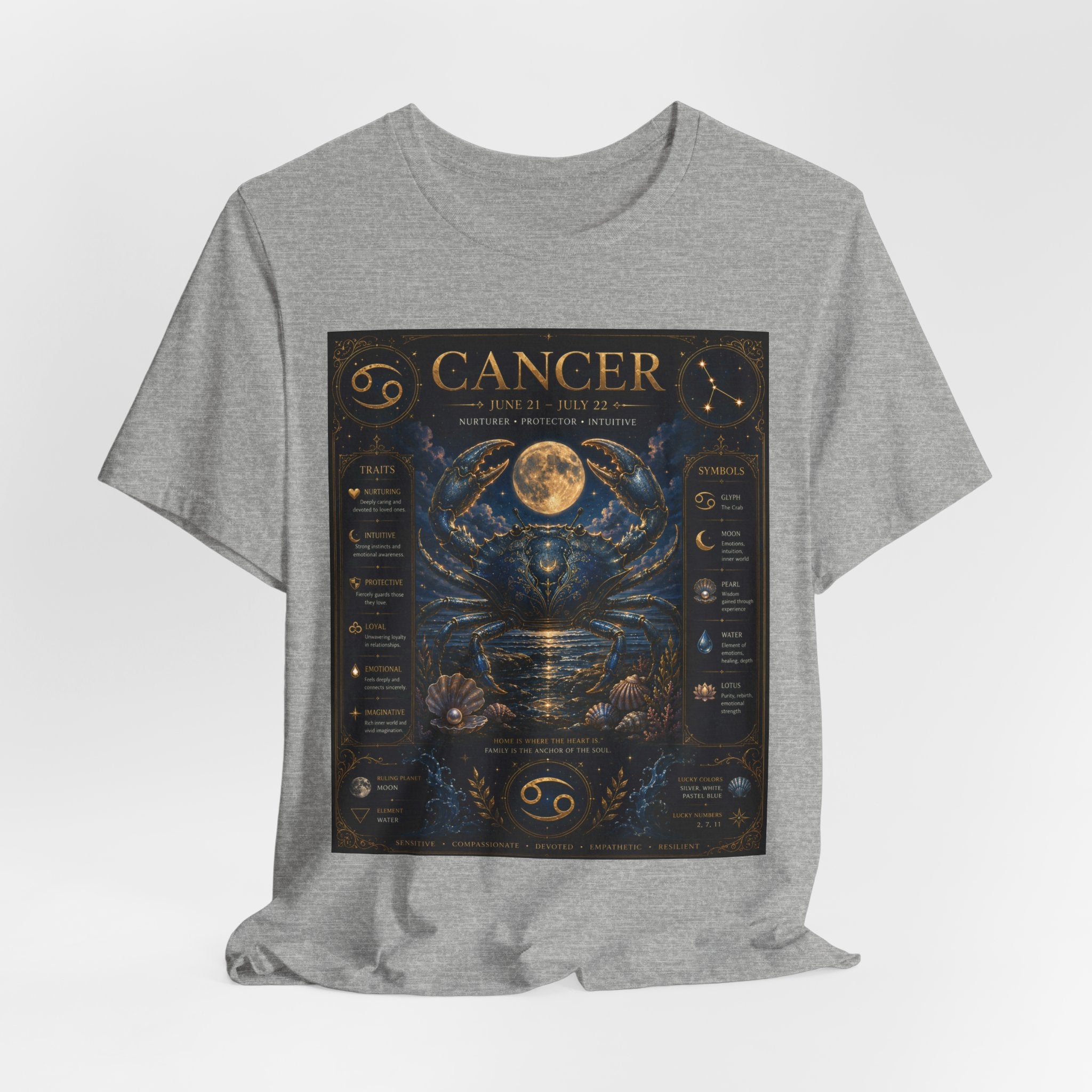 Cancer Zodiac T‑Shirt — Detailed Horoscope Crab Design with Traits & Moon Phases